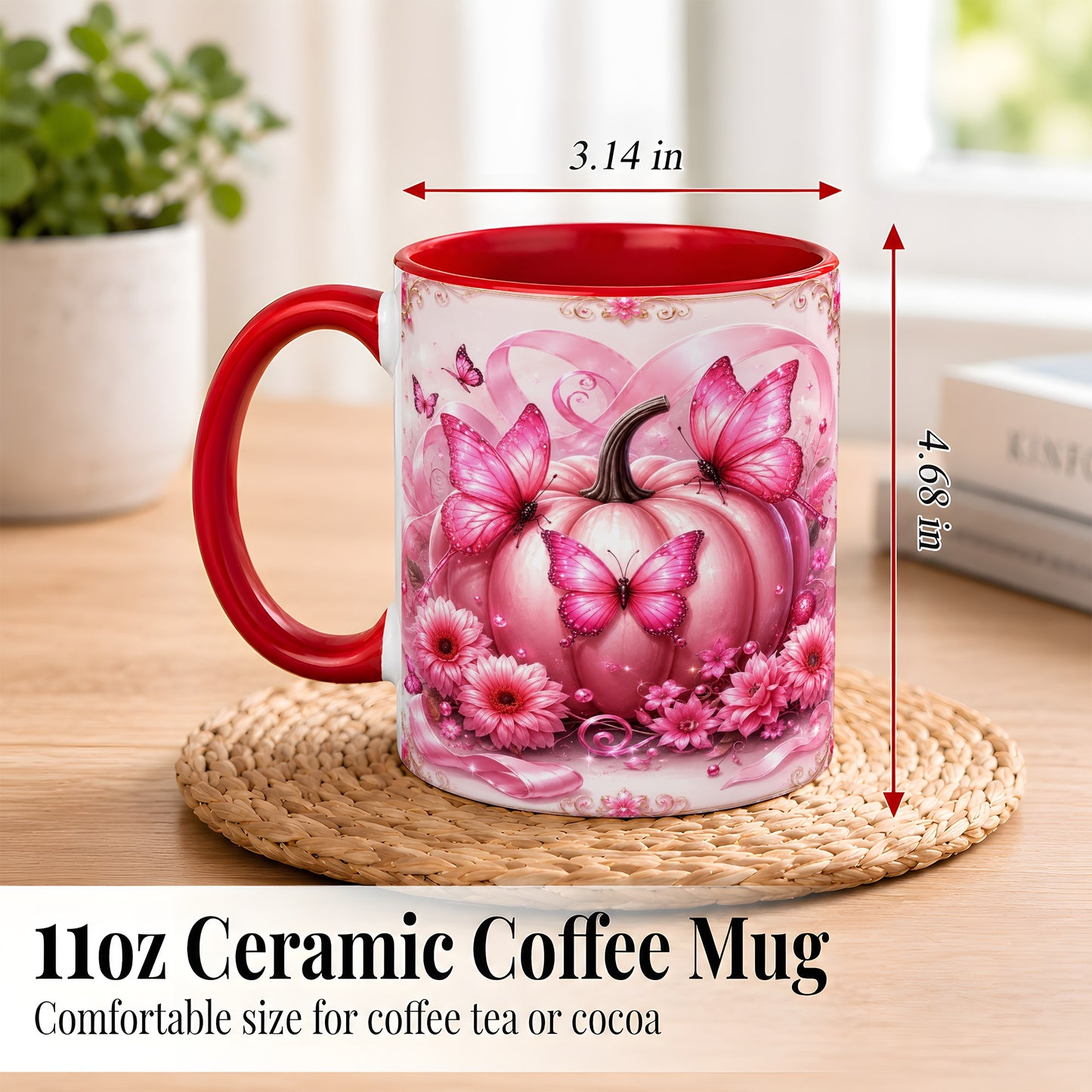 #pl[11oz|Red] Pink Ribbon Pumpkin Coffee Mug, Butterfly Floral Mug, Ceramic Cup