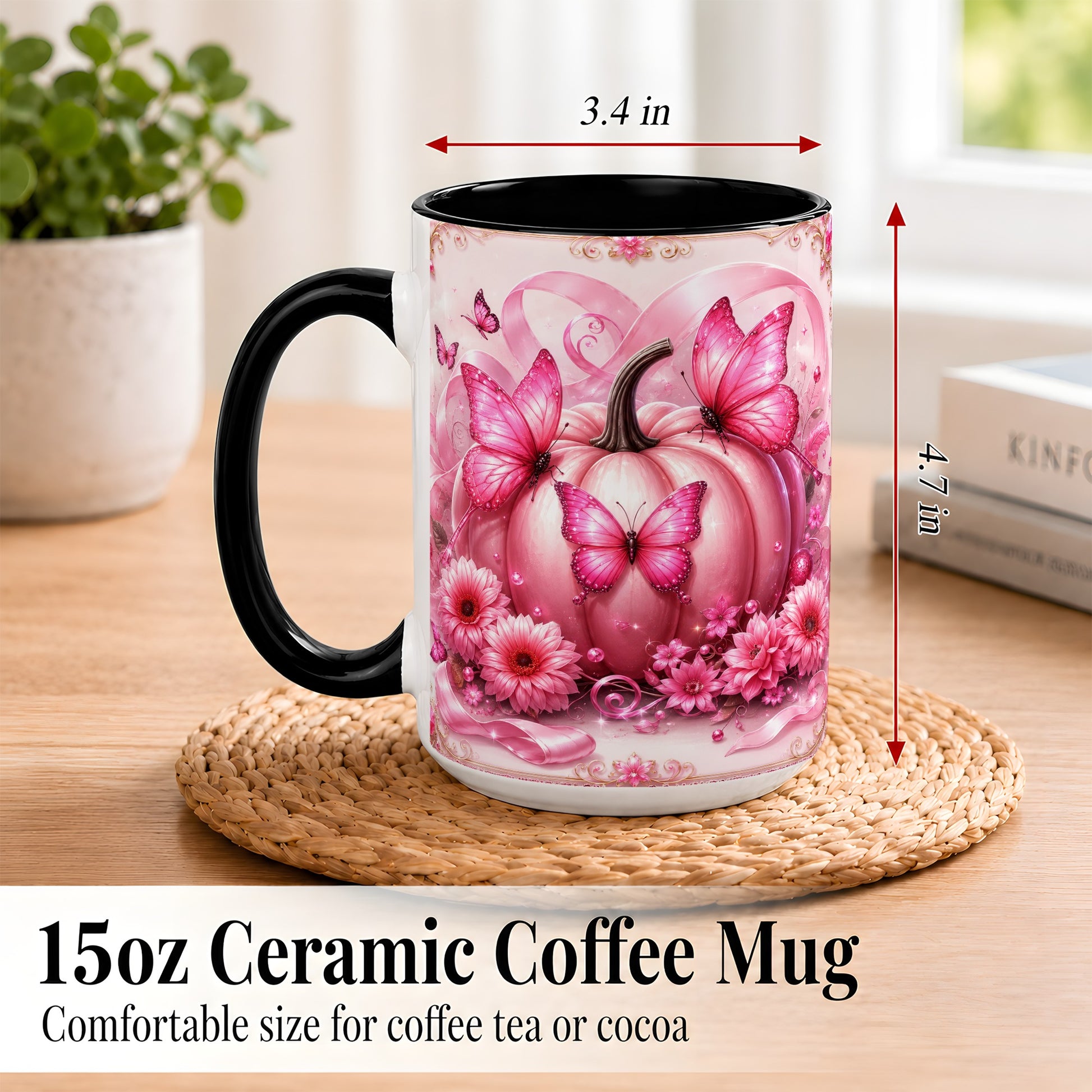 #pl[15oz|Black] Pink Ribbon Pumpkin Coffee Mug, Butterfly Floral Mug, Ceramic Cup