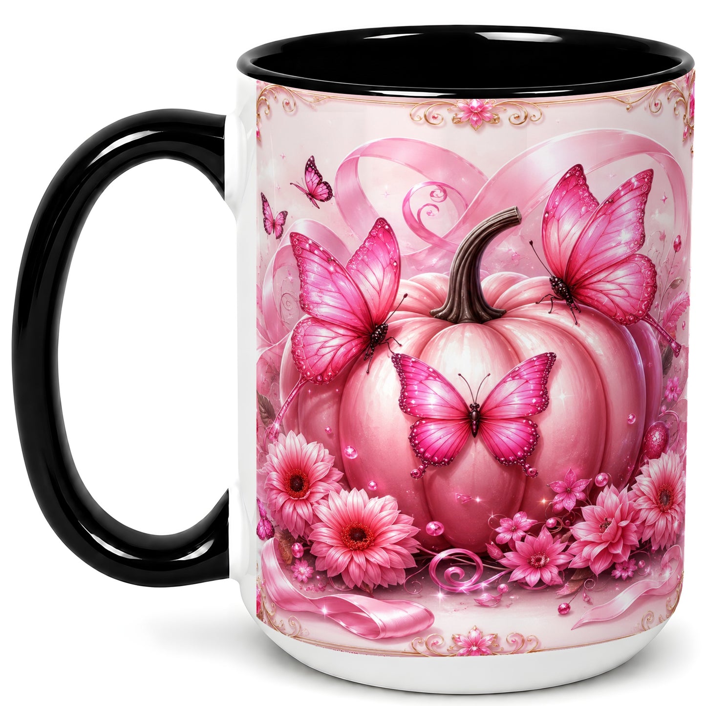 #pl[15oz|Black] Pink Ribbon Pumpkin Coffee Mug, Butterfly Floral Mug, Ceramic Cup