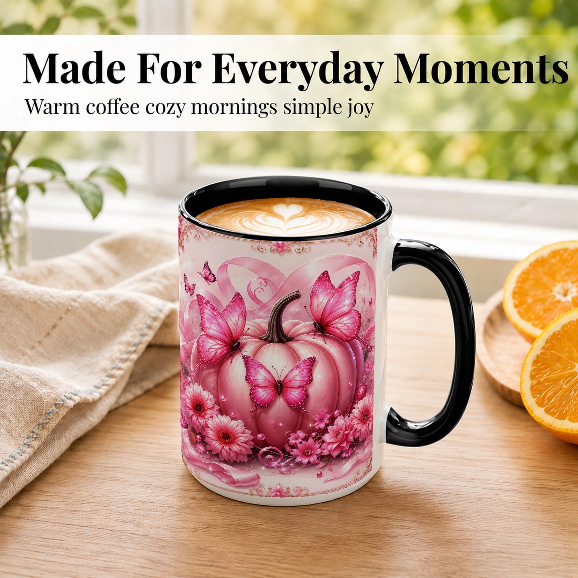 #pl[15oz|Black] Pink Ribbon Pumpkin Coffee Mug, Butterfly Floral Mug, Ceramic Cup