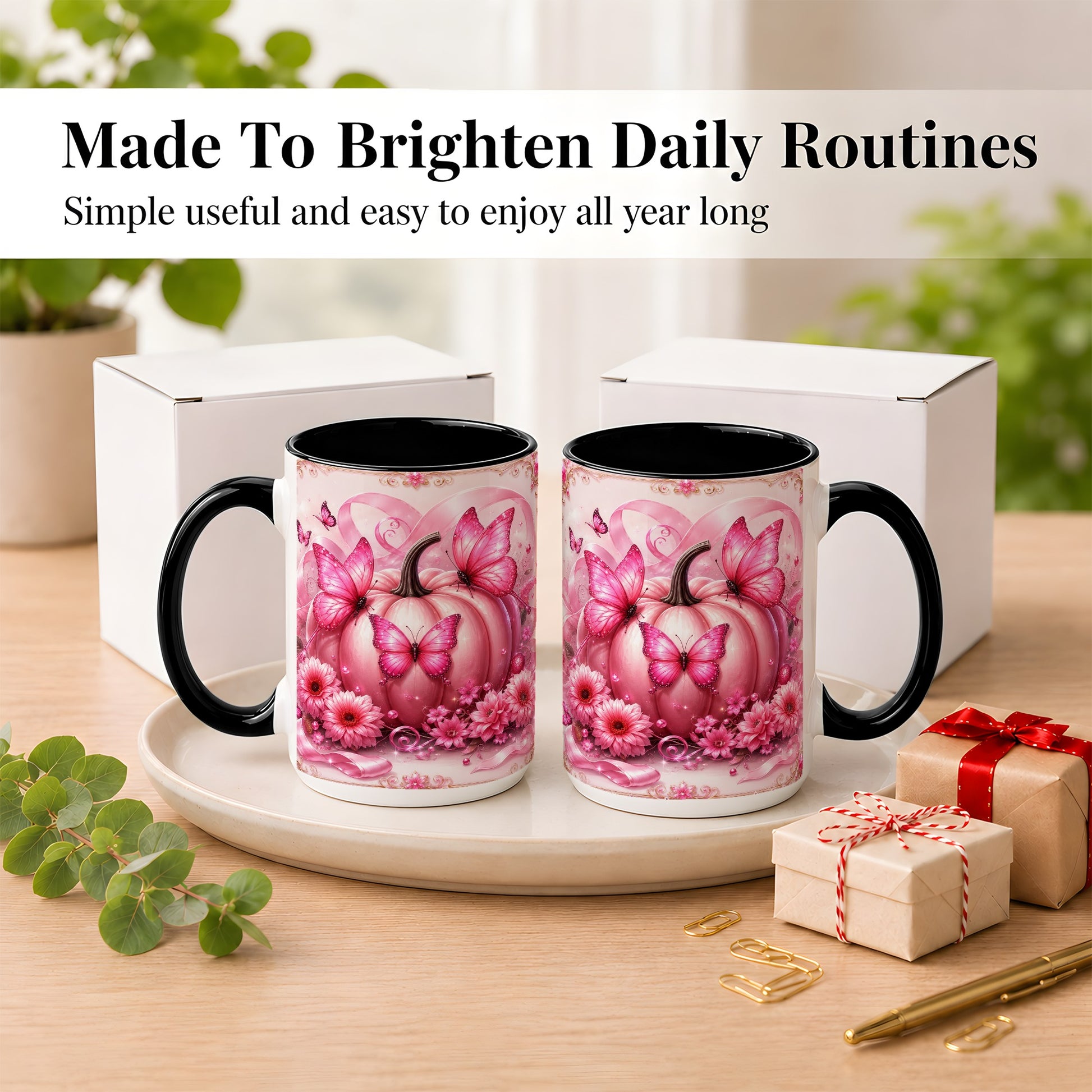 #pl[15oz|Black] Pink Ribbon Pumpkin Coffee Mug, Butterfly Floral Mug, Ceramic Cup