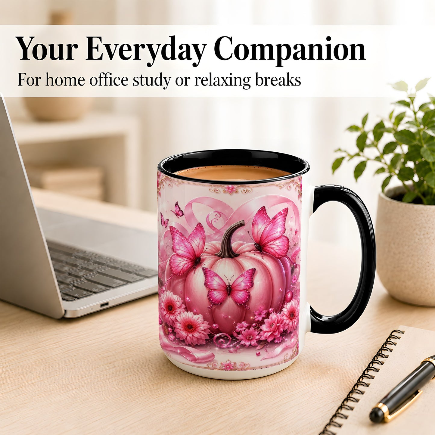 #pl[15oz|Black] Pink Ribbon Pumpkin Coffee Mug, Butterfly Floral Mug, Ceramic Cup