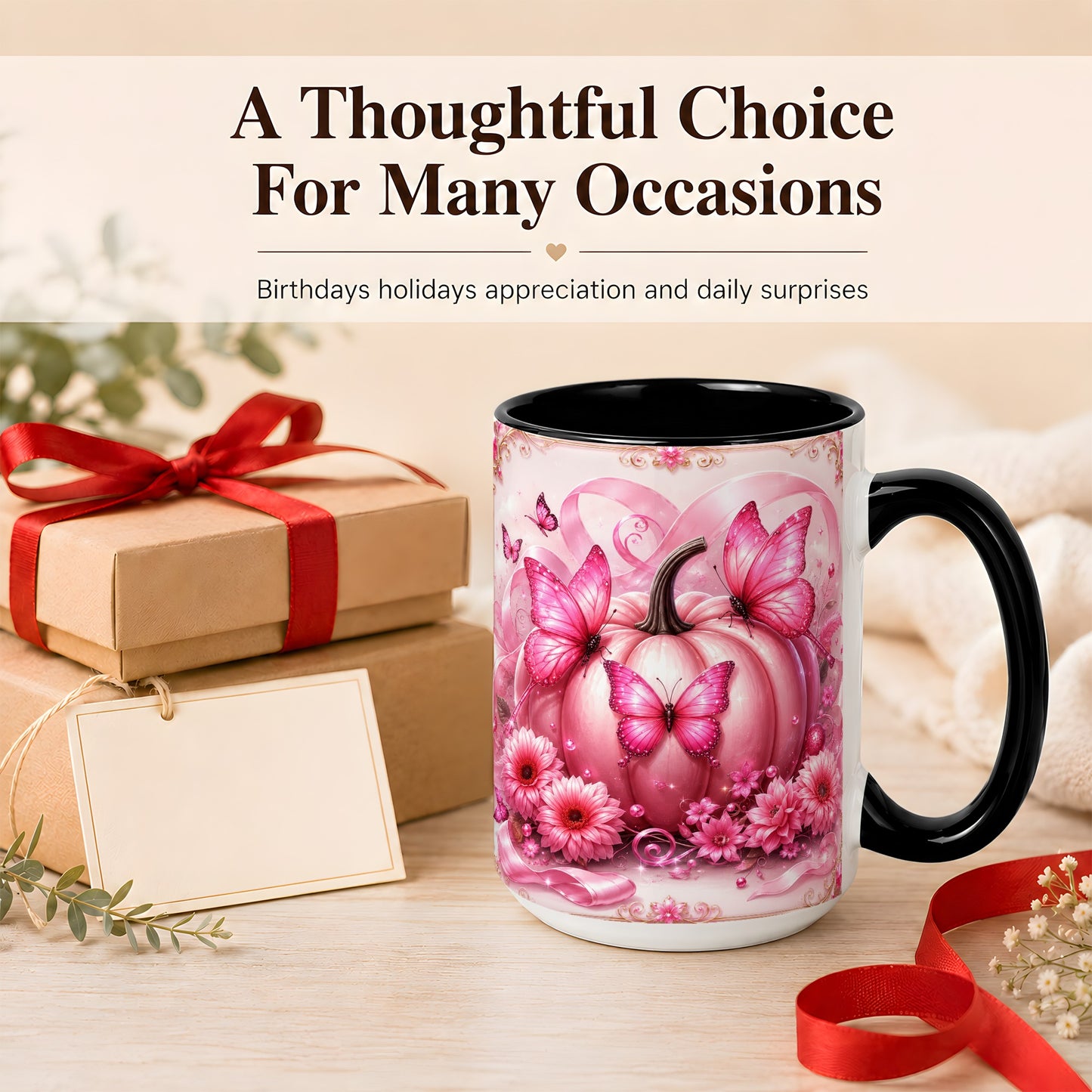 #pl[15oz|Black] Pink Ribbon Pumpkin Coffee Mug, Butterfly Floral Mug, Ceramic Cup