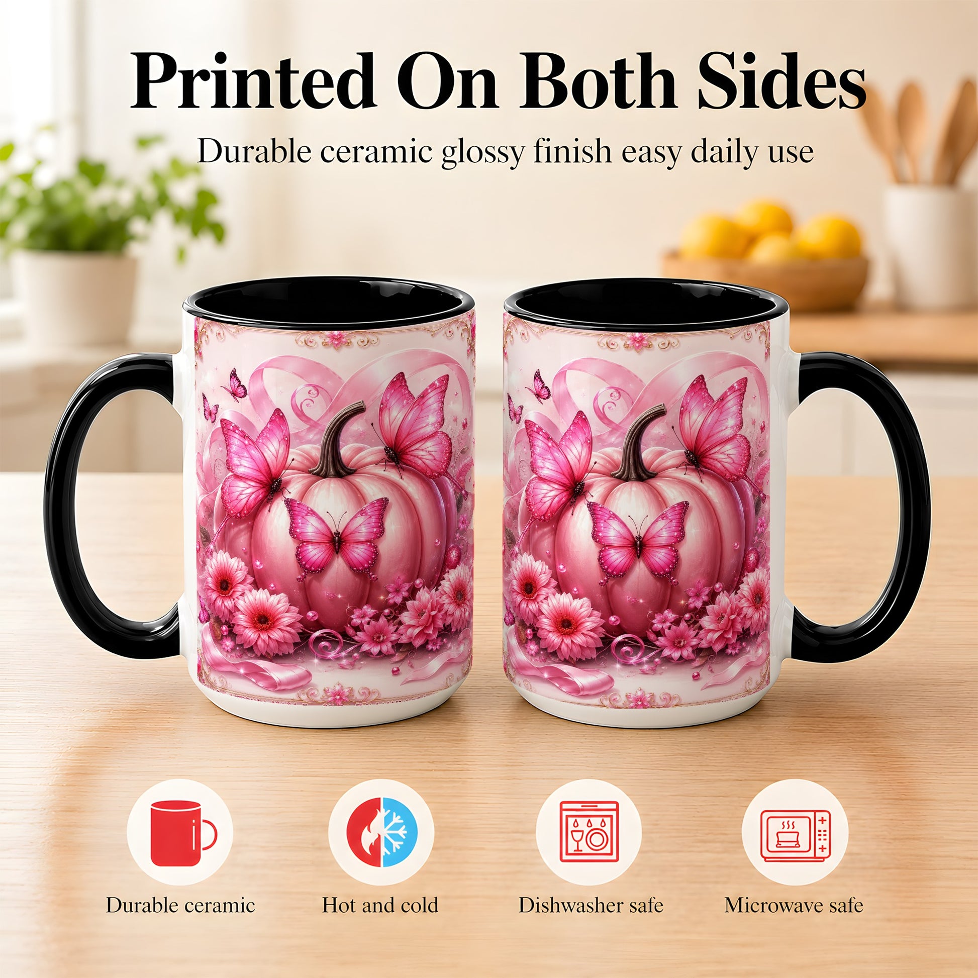 #pl[15oz|Black] Pink Ribbon Pumpkin Coffee Mug, Butterfly Floral Mug, Ceramic Cup