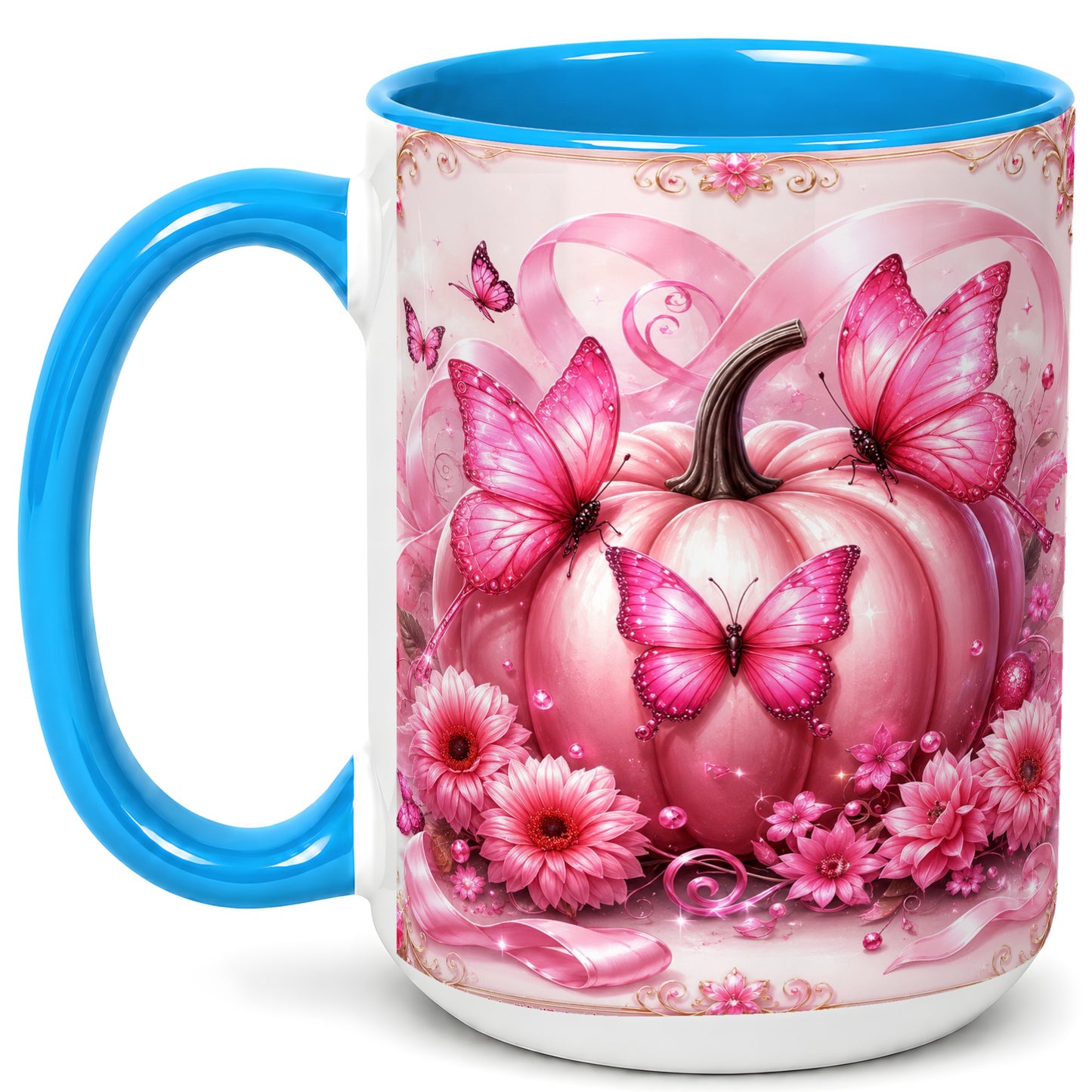 #pl[15oz|Blue] Pink Ribbon Pumpkin Coffee Mug, Butterfly Floral Mug, Ceramic Cup