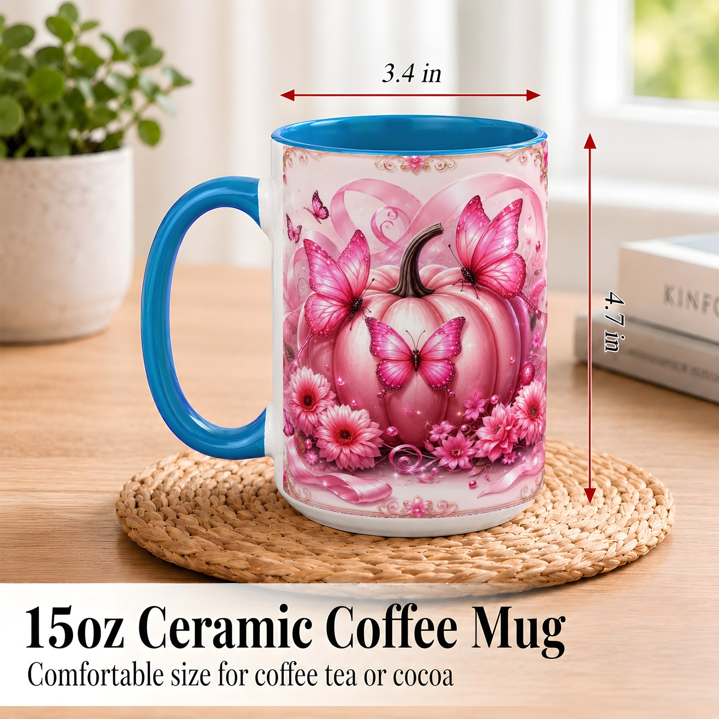 #pl[15oz|Blue] Pink Ribbon Pumpkin Coffee Mug, Butterfly Floral Mug, Ceramic Cup