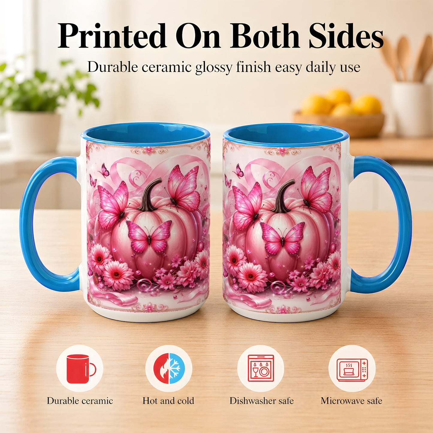 #pl[15oz|Blue] Pink Ribbon Pumpkin Coffee Mug, Butterfly Floral Mug, Ceramic Cup