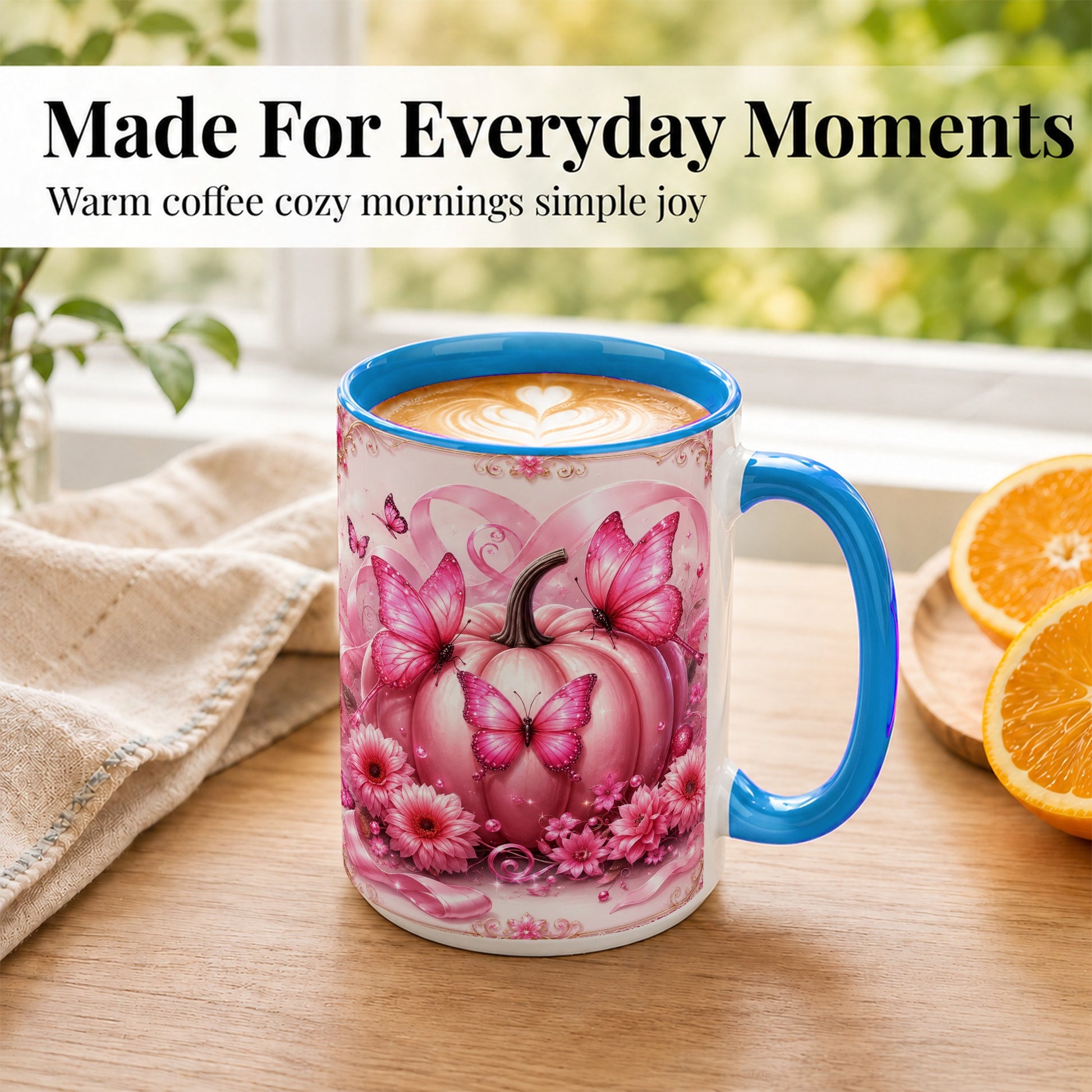 #pl[15oz|Blue] Pink Ribbon Pumpkin Coffee Mug, Butterfly Floral Mug, Ceramic Cup