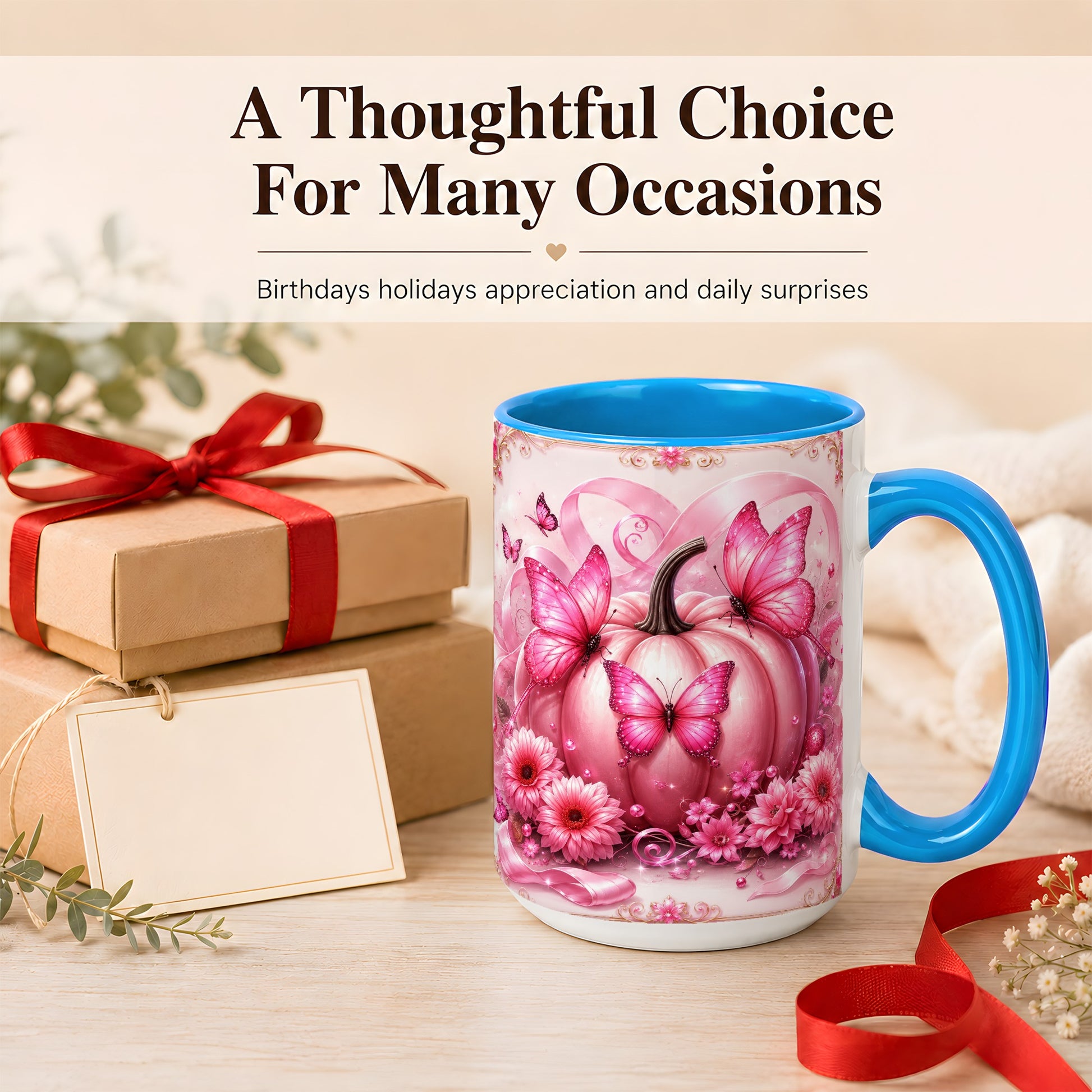 #pl[15oz|Blue] Pink Ribbon Pumpkin Coffee Mug, Butterfly Floral Mug, Ceramic Cup