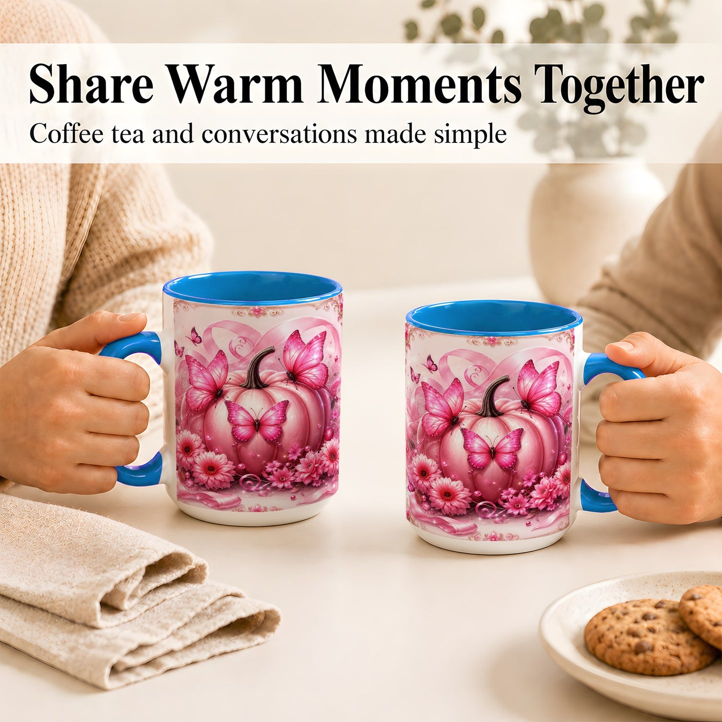 #pl[15oz|Blue] Pink Ribbon Pumpkin Coffee Mug, Butterfly Floral Mug, Ceramic Cup