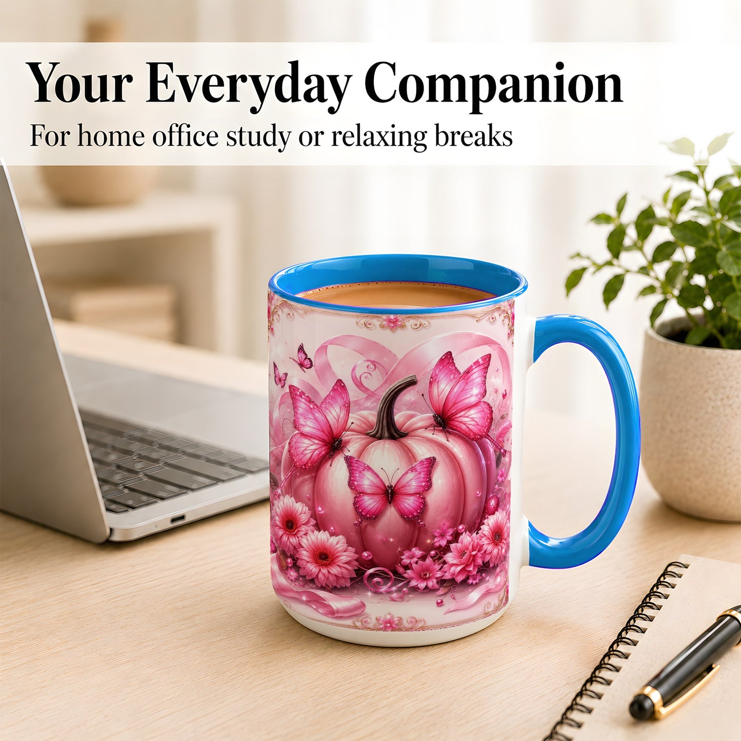 #pl[15oz|Blue] Pink Ribbon Pumpkin Coffee Mug, Butterfly Floral Mug, Ceramic Cup