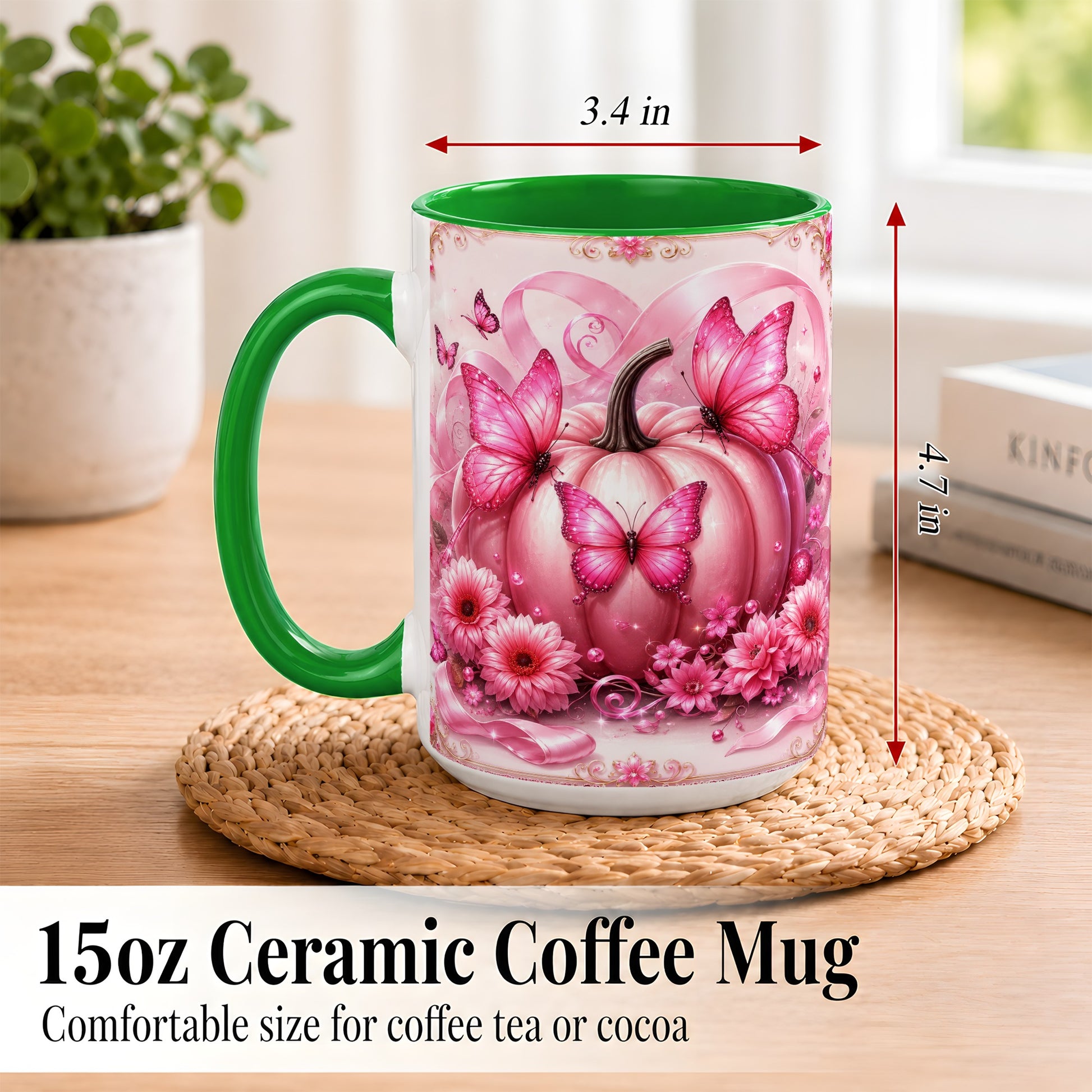 #pl[15oz|Green] Pink Ribbon Pumpkin Coffee Mug, Butterfly Floral Mug, Ceramic Cup