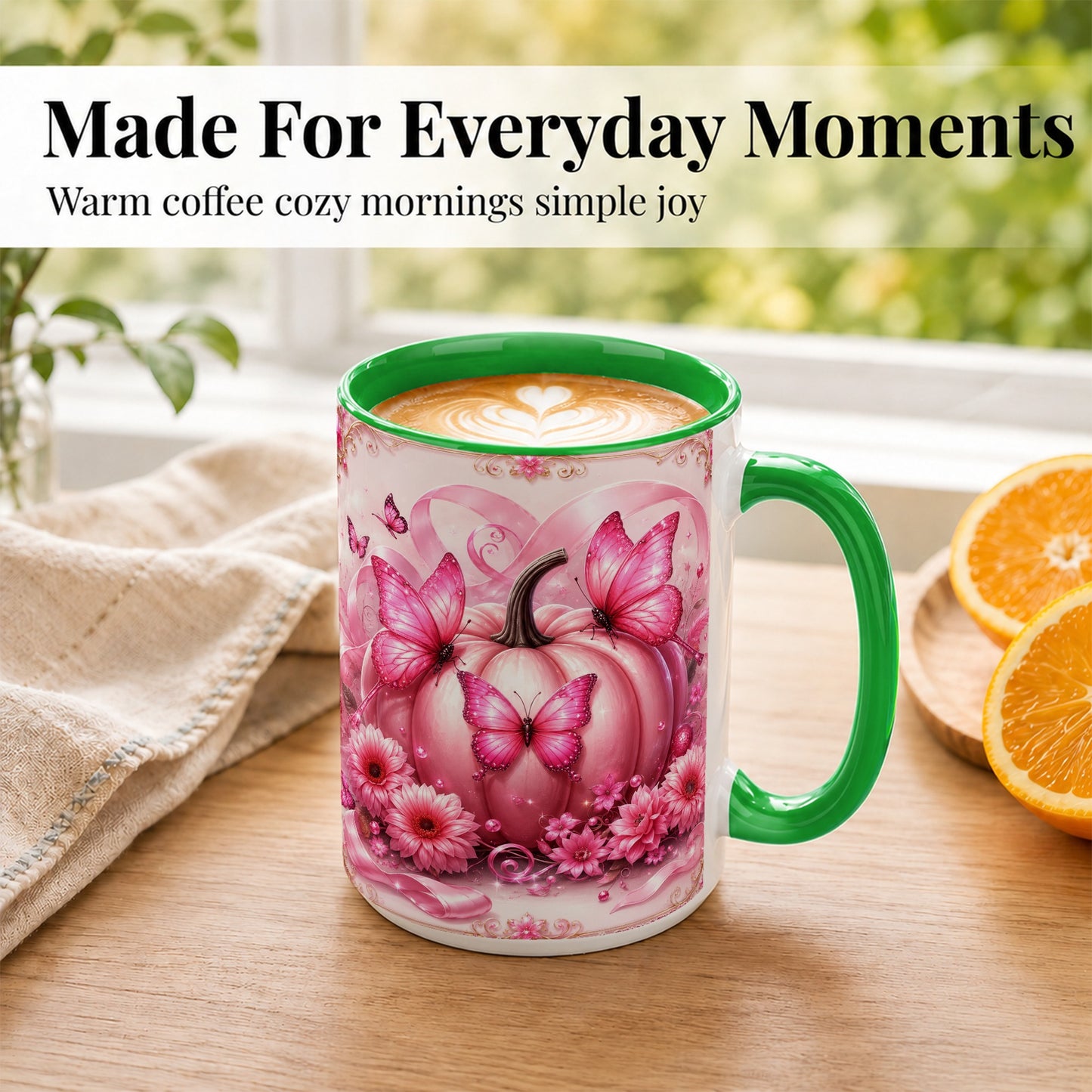 #pl[15oz|Green] Pink Ribbon Pumpkin Coffee Mug, Butterfly Floral Mug, Ceramic Cup