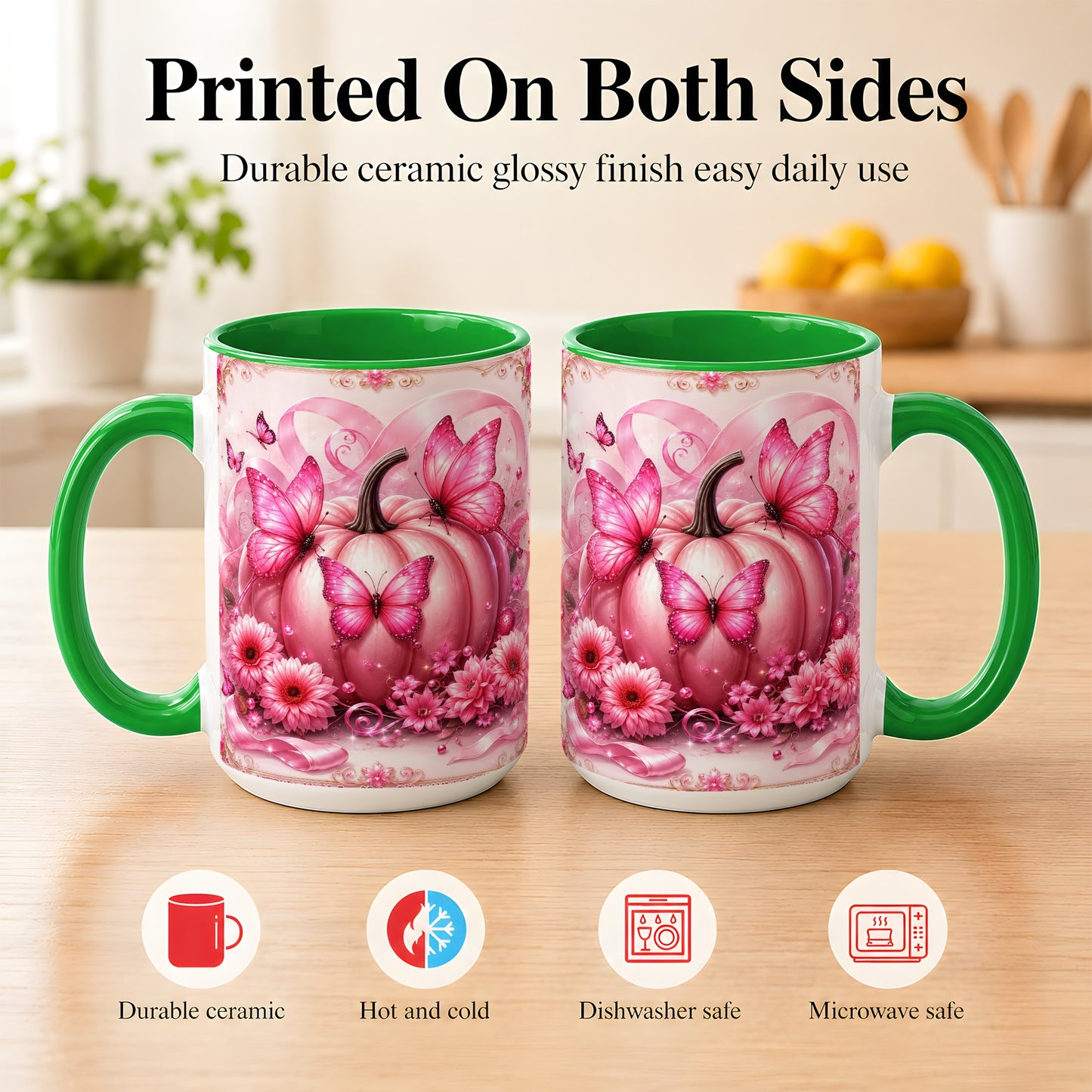 #pl[15oz|Green] Pink Ribbon Pumpkin Coffee Mug, Butterfly Floral Mug, Ceramic Cup