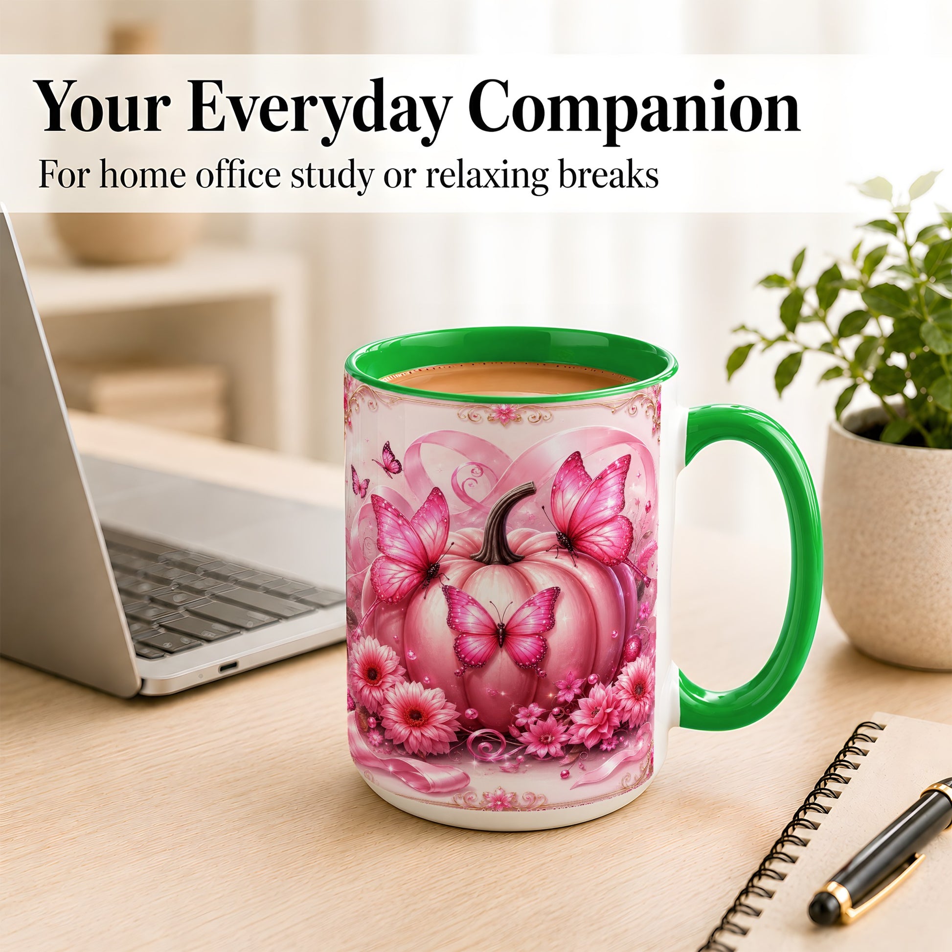 #pl[15oz|Green] Pink Ribbon Pumpkin Coffee Mug, Butterfly Floral Mug, Ceramic Cup