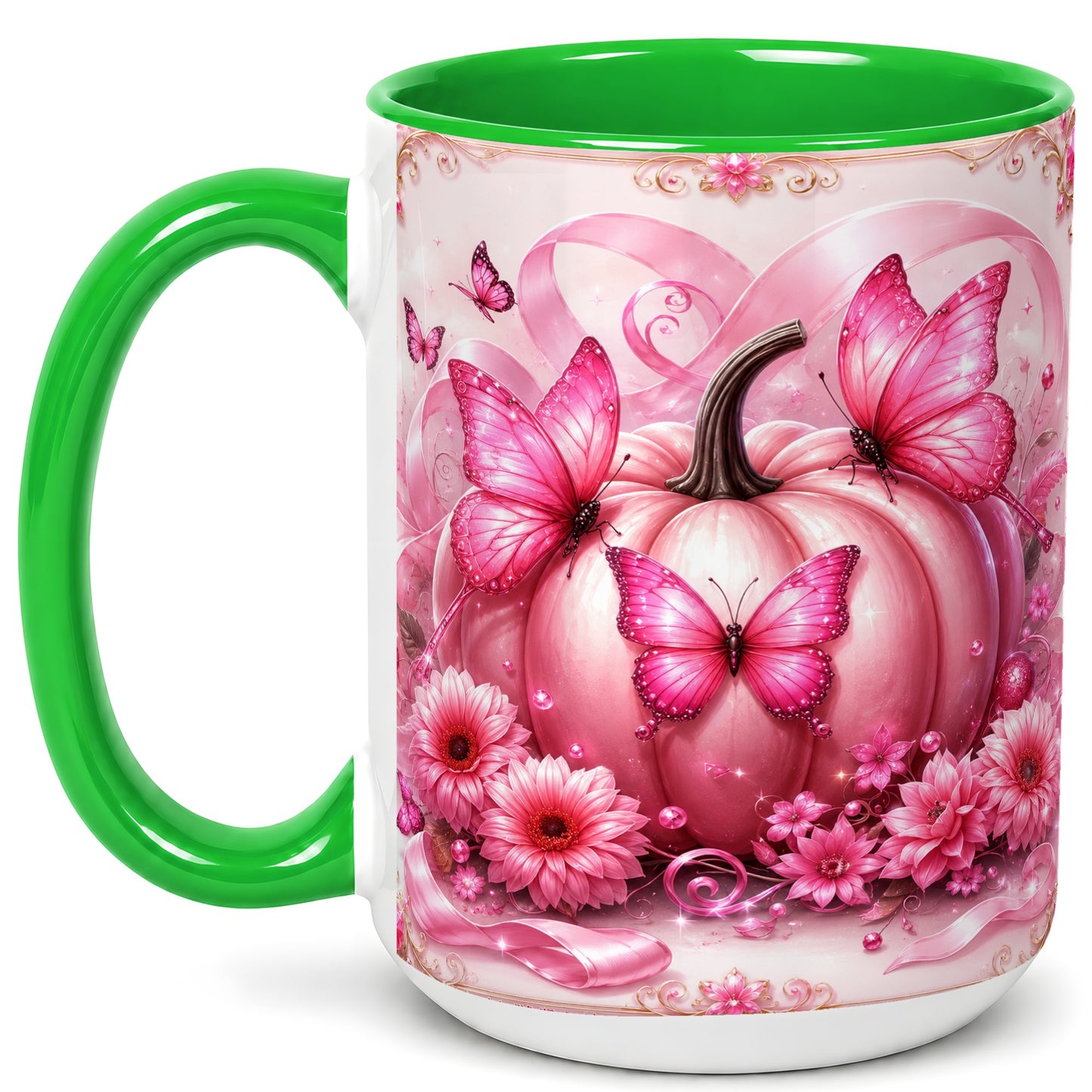 #pl[15oz|Green] Pink Ribbon Pumpkin Coffee Mug, Butterfly Floral Mug, Ceramic Cup