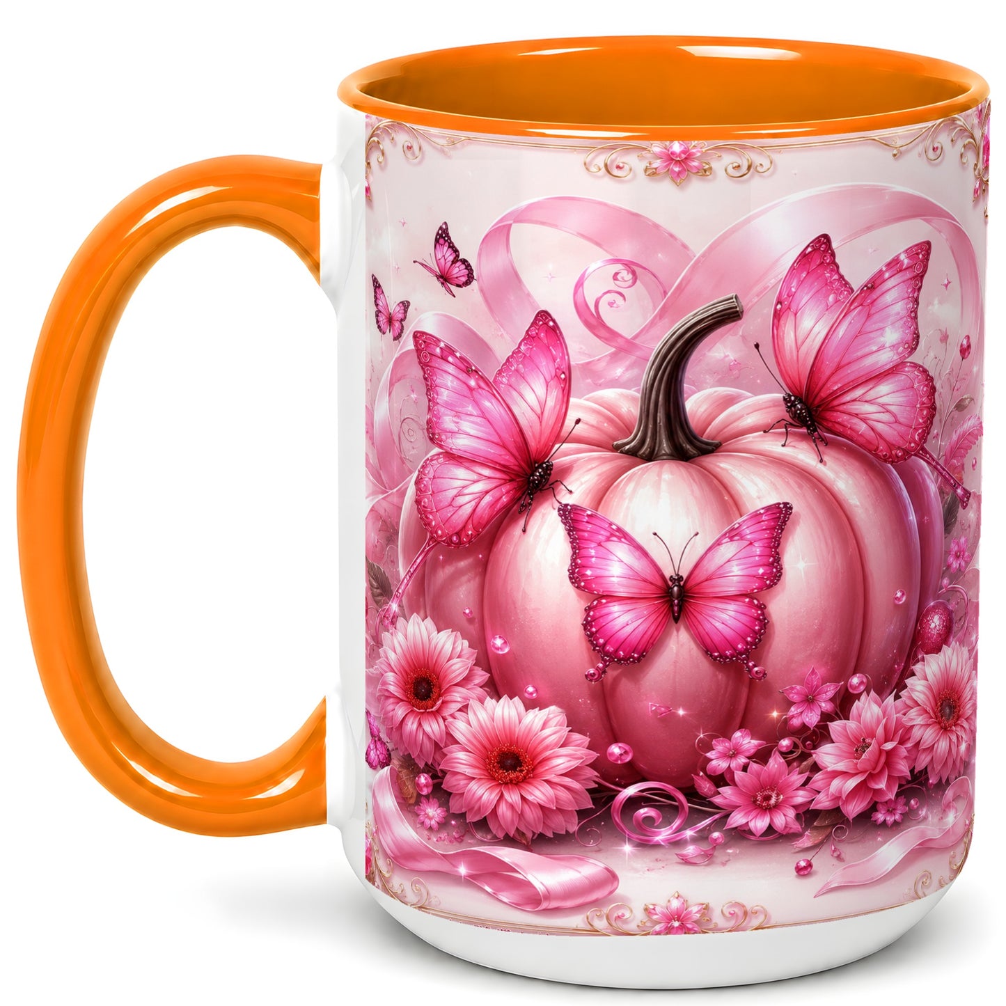 #pl[15oz|Orange] Pink Ribbon Pumpkin Coffee Mug, Butterfly Floral Mug, Ceramic Cup