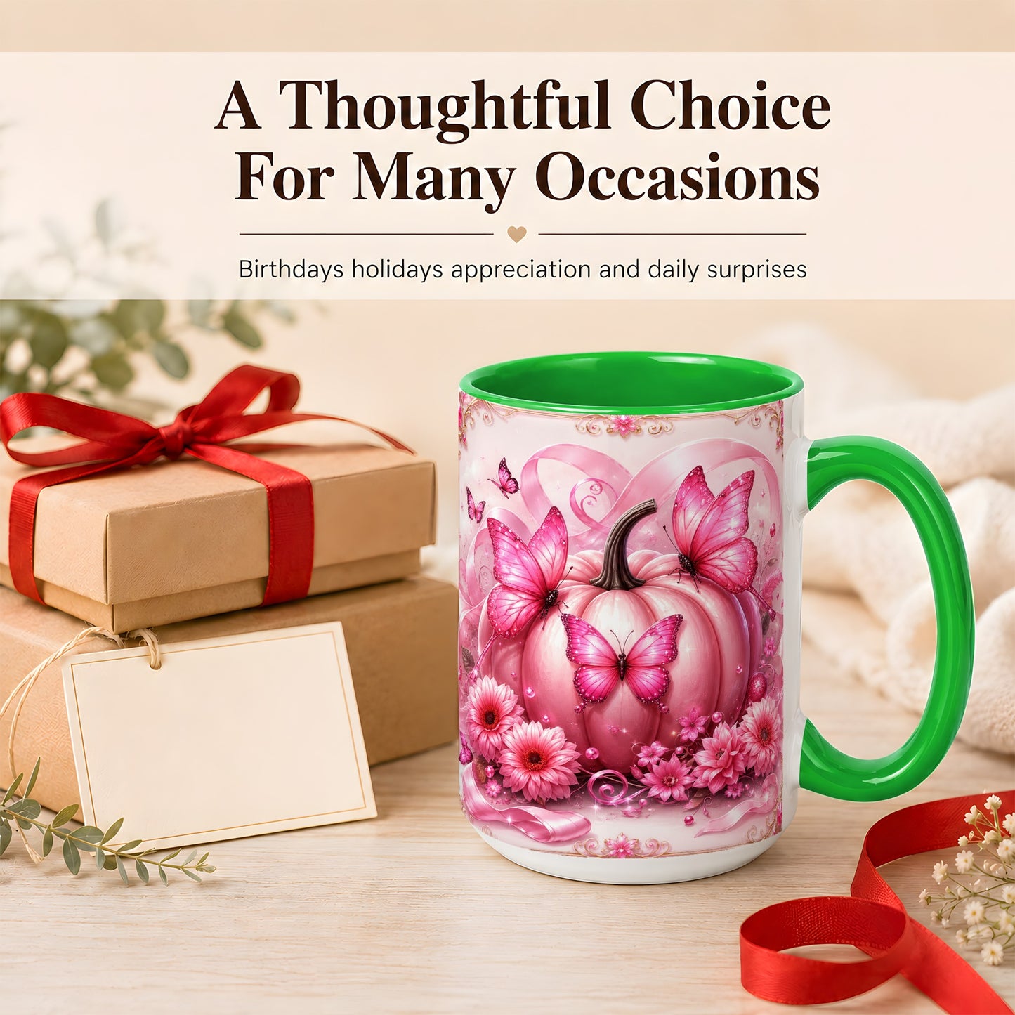 #pl[15oz|Green] Pink Ribbon Pumpkin Coffee Mug, Butterfly Floral Mug, Ceramic Cup