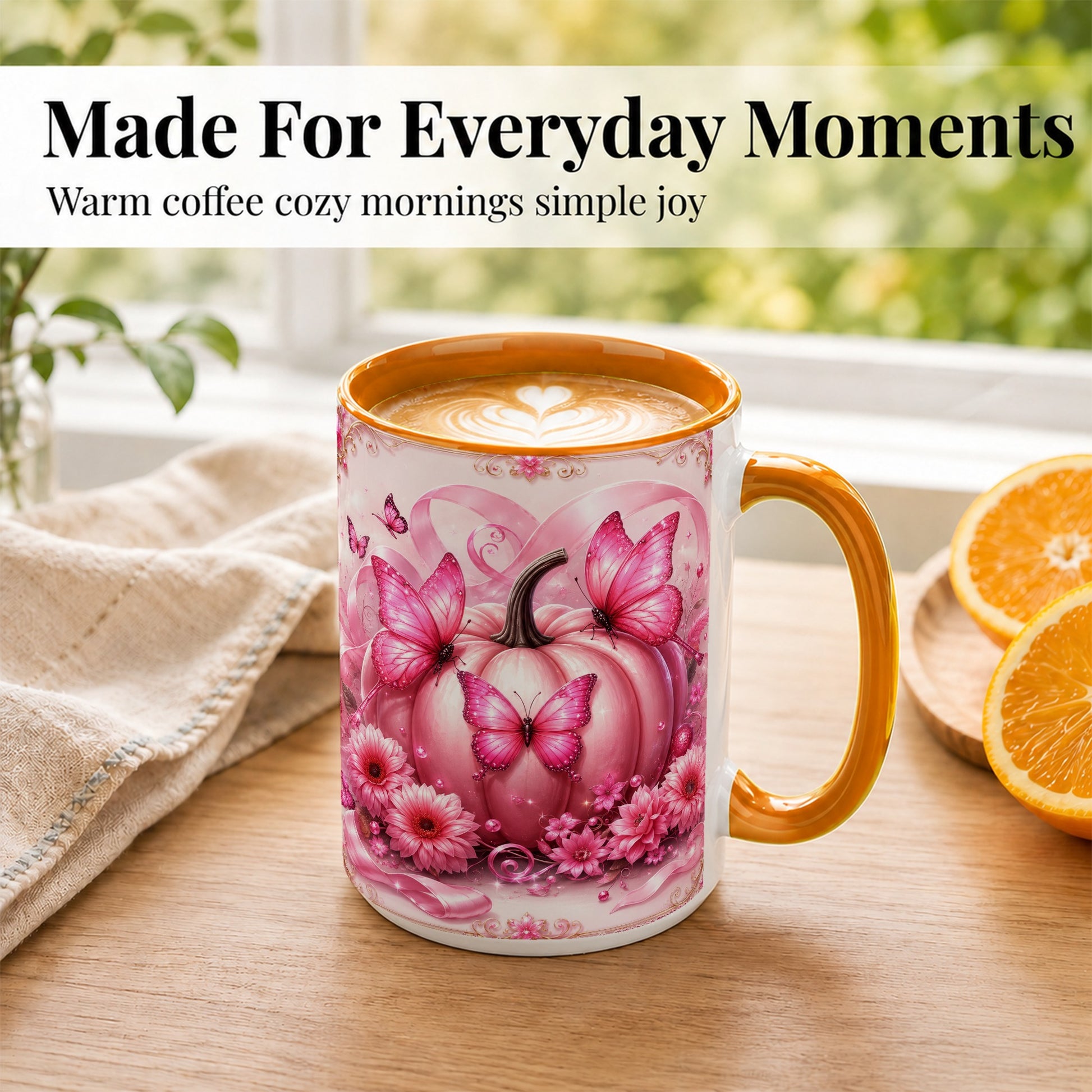 #pl[15oz|Orange] Pink Ribbon Pumpkin Coffee Mug, Butterfly Floral Mug, Ceramic Cup