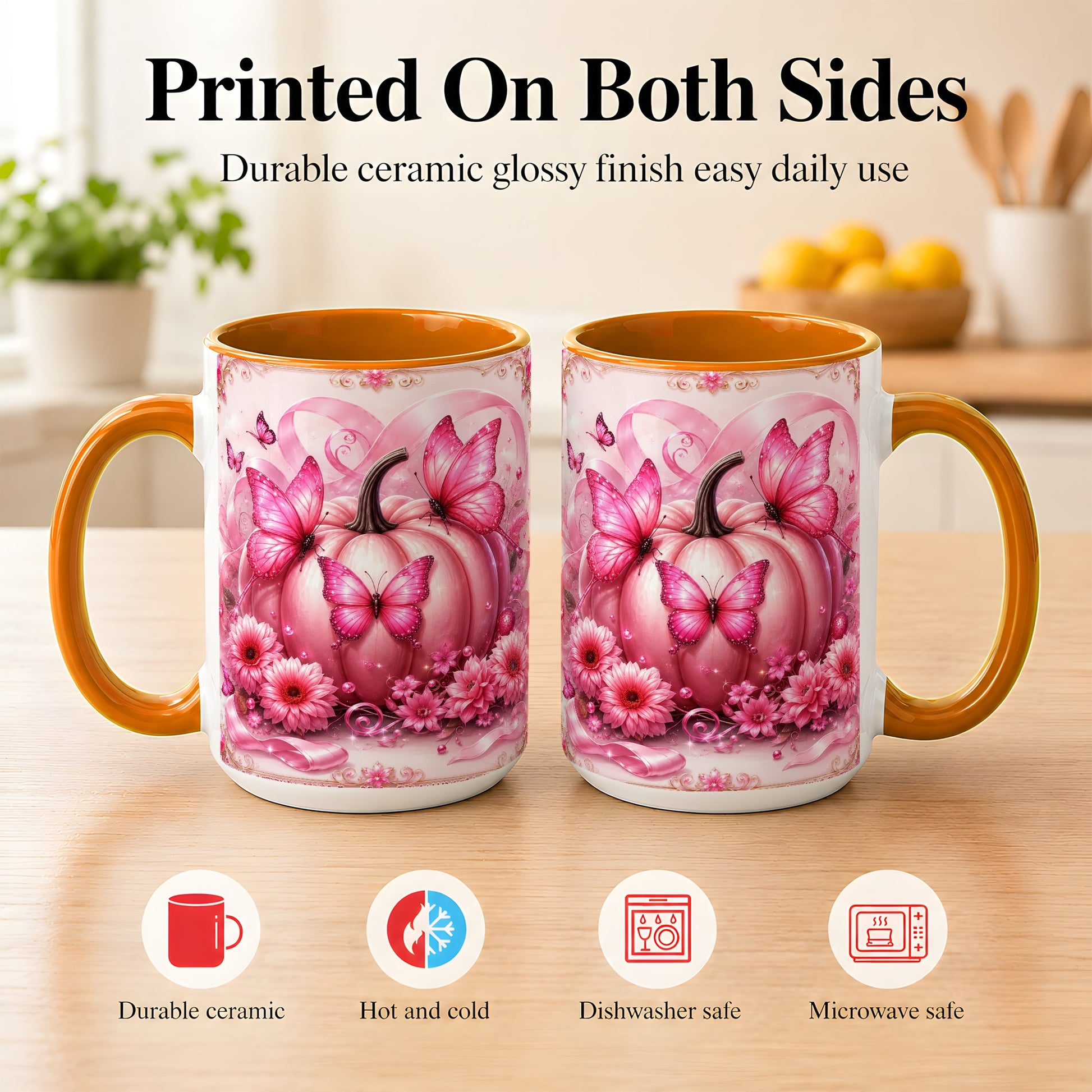#pl[15oz|Orange] Pink Ribbon Pumpkin Coffee Mug, Butterfly Floral Mug, Ceramic Cup