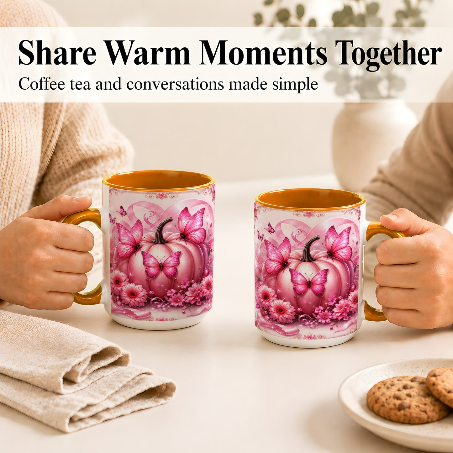 #pl[15oz|Orange] Pink Ribbon Pumpkin Coffee Mug, Butterfly Floral Mug, Ceramic Cup