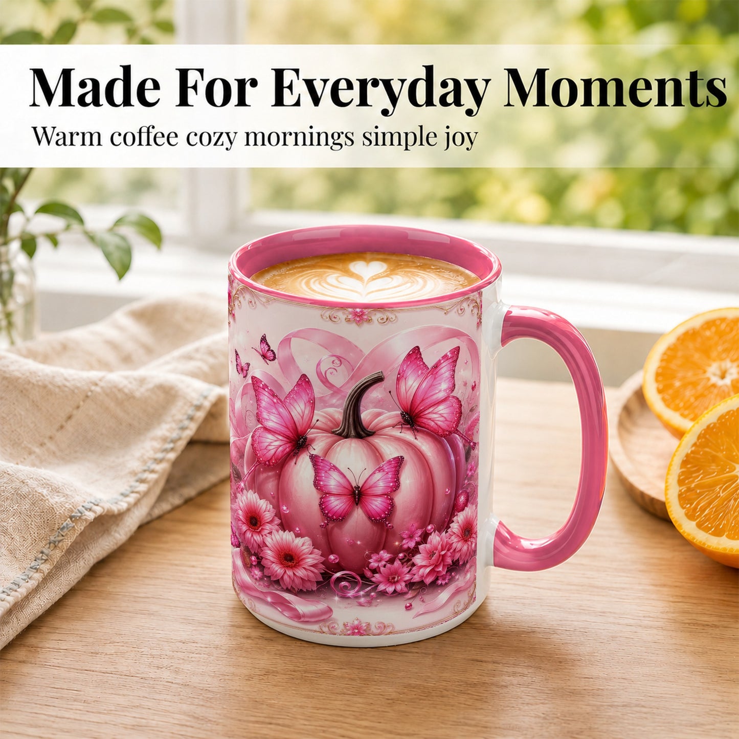#pl[15oz|Pink] Pink Ribbon Pumpkin Coffee Mug, Butterfly Floral Mug, Ceramic Cup