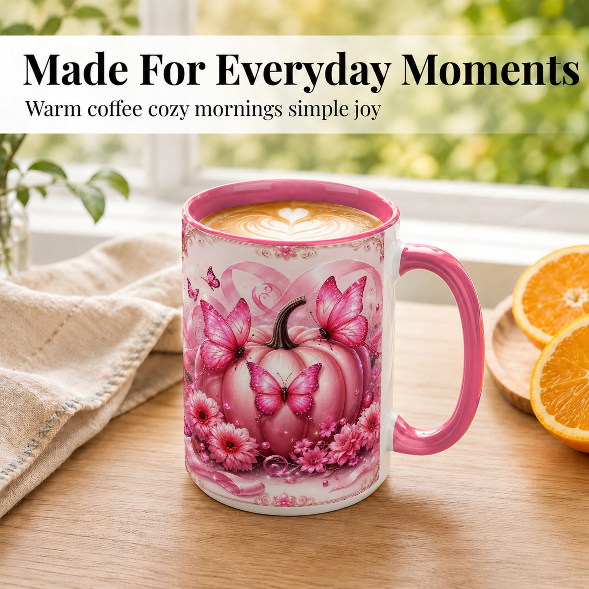 #pl[15oz|Pink] Pink Ribbon Pumpkin Coffee Mug, Butterfly Floral Mug, Ceramic Cup