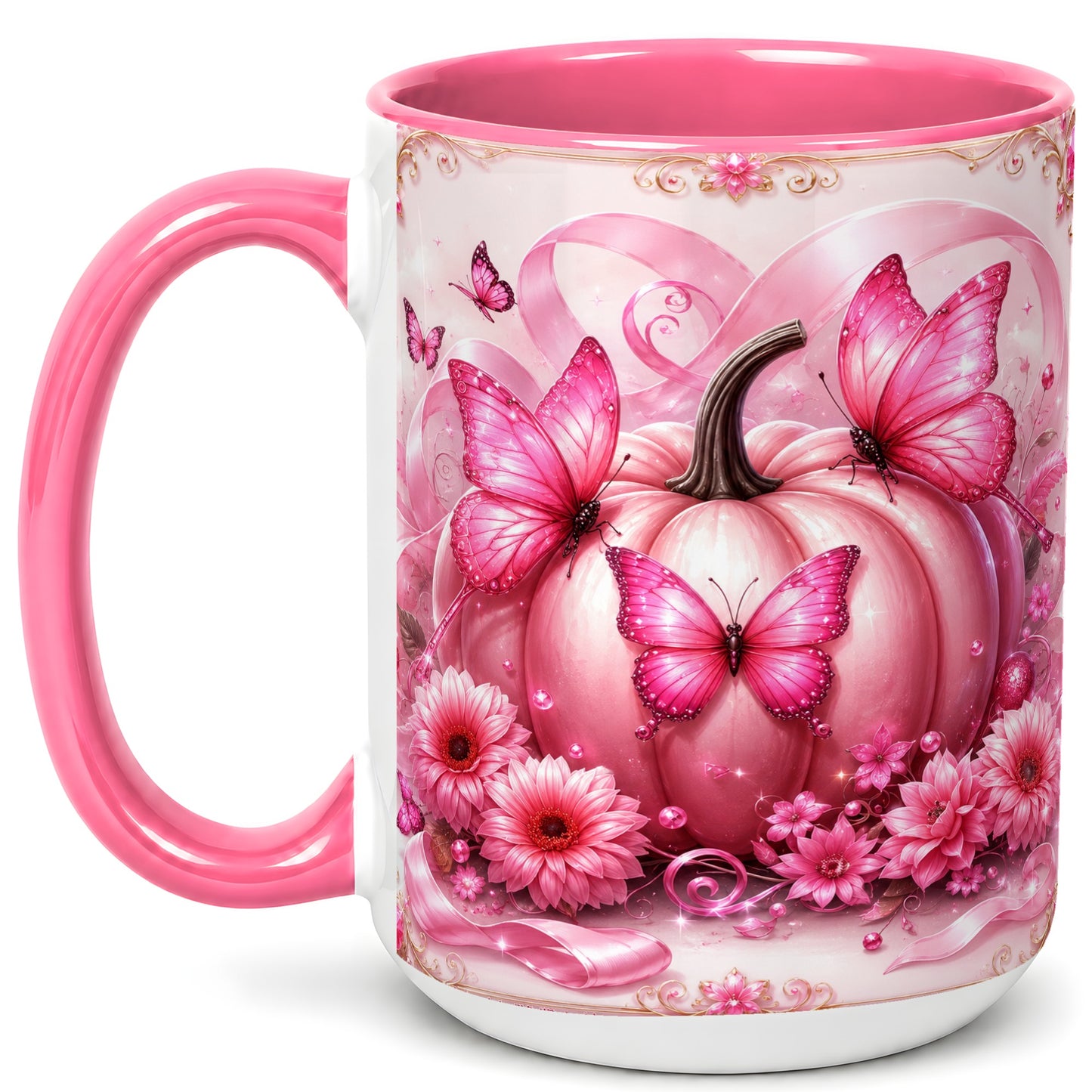 #pl[15oz|Pink] Pink Ribbon Pumpkin Coffee Mug, Butterfly Floral Mug, Ceramic Cup