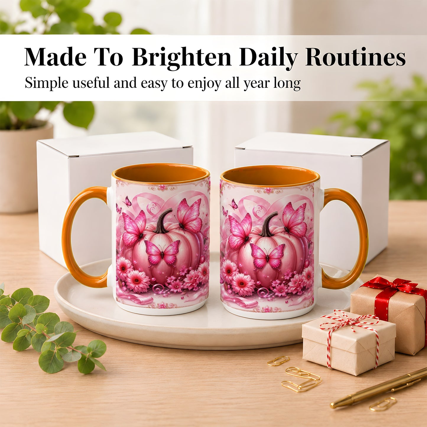 #pl[15oz|Orange] Pink Ribbon Pumpkin Coffee Mug, Butterfly Floral Mug, Ceramic Cup