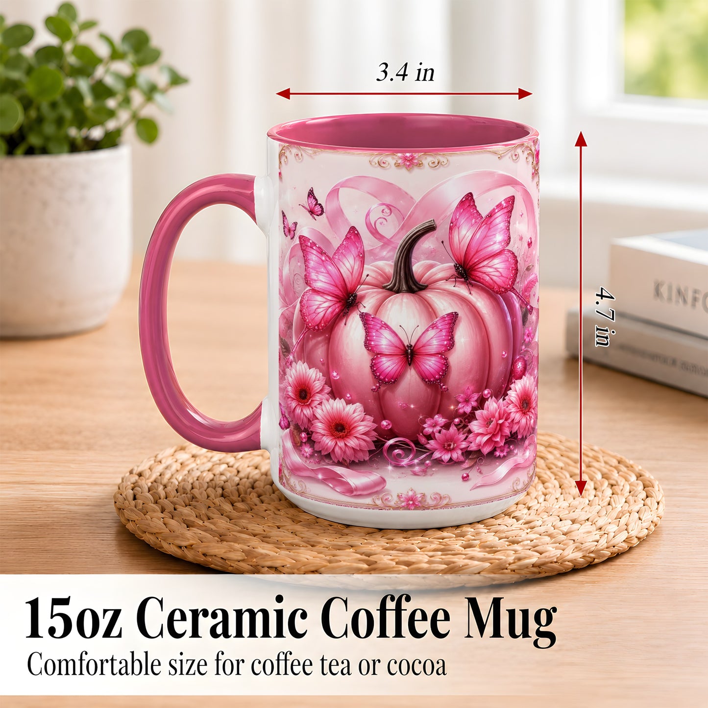 #pl[15oz|Pink] Pink Ribbon Pumpkin Coffee Mug, Butterfly Floral Mug, Ceramic Cup