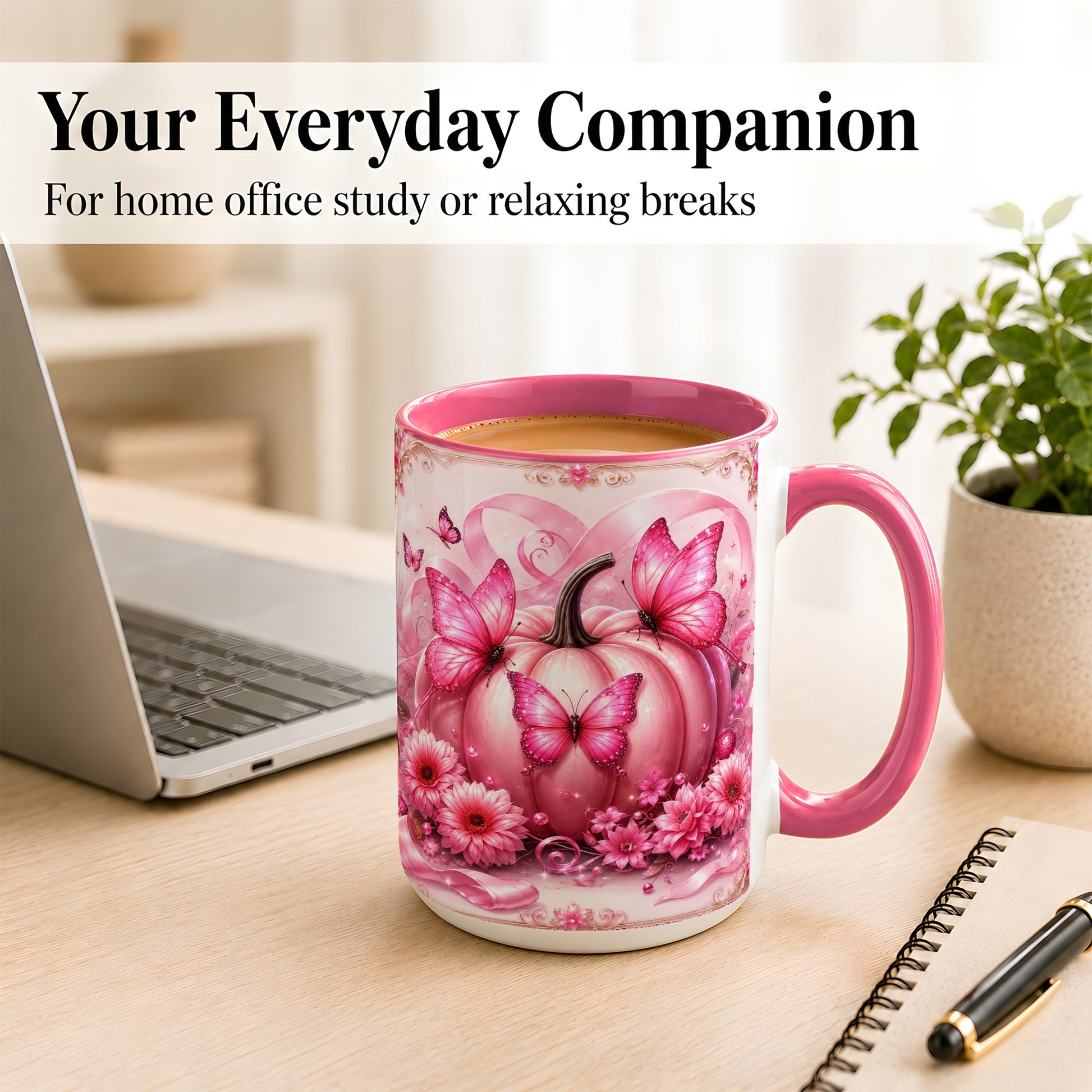 #pl[15oz|Pink] Pink Ribbon Pumpkin Coffee Mug, Butterfly Floral Mug, Ceramic Cup