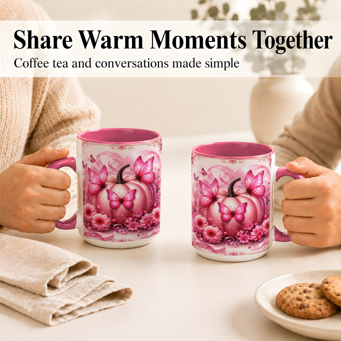 #pl[15oz|Pink] Pink Ribbon Pumpkin Coffee Mug, Butterfly Floral Mug, Ceramic Cup