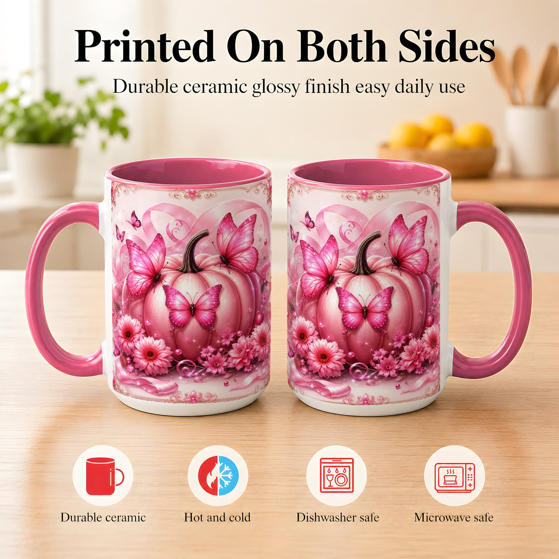 #pl[15oz|Pink] Pink Ribbon Pumpkin Coffee Mug, Butterfly Floral Mug, Ceramic Cup