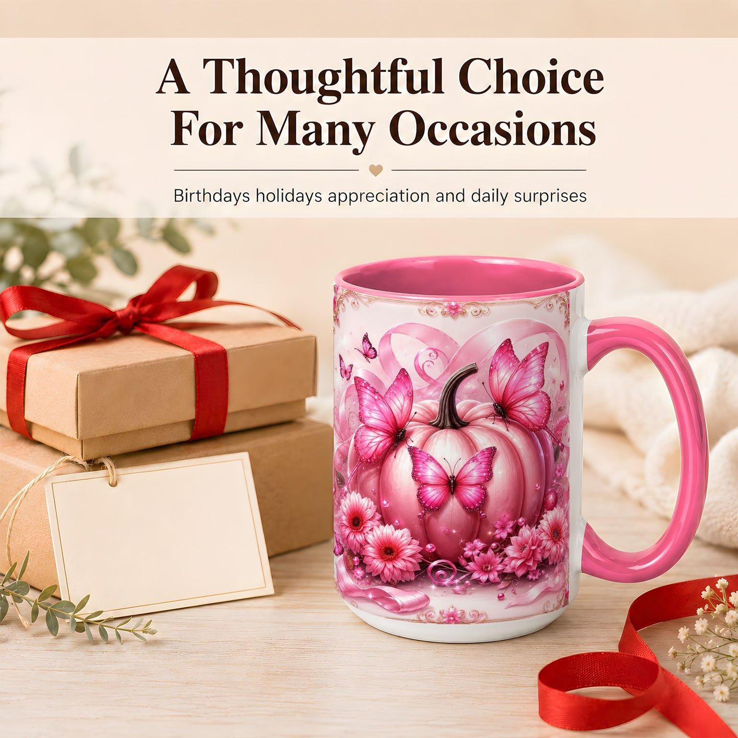 #pl[15oz|Pink] Pink Ribbon Pumpkin Coffee Mug, Butterfly Floral Mug, Ceramic Cup