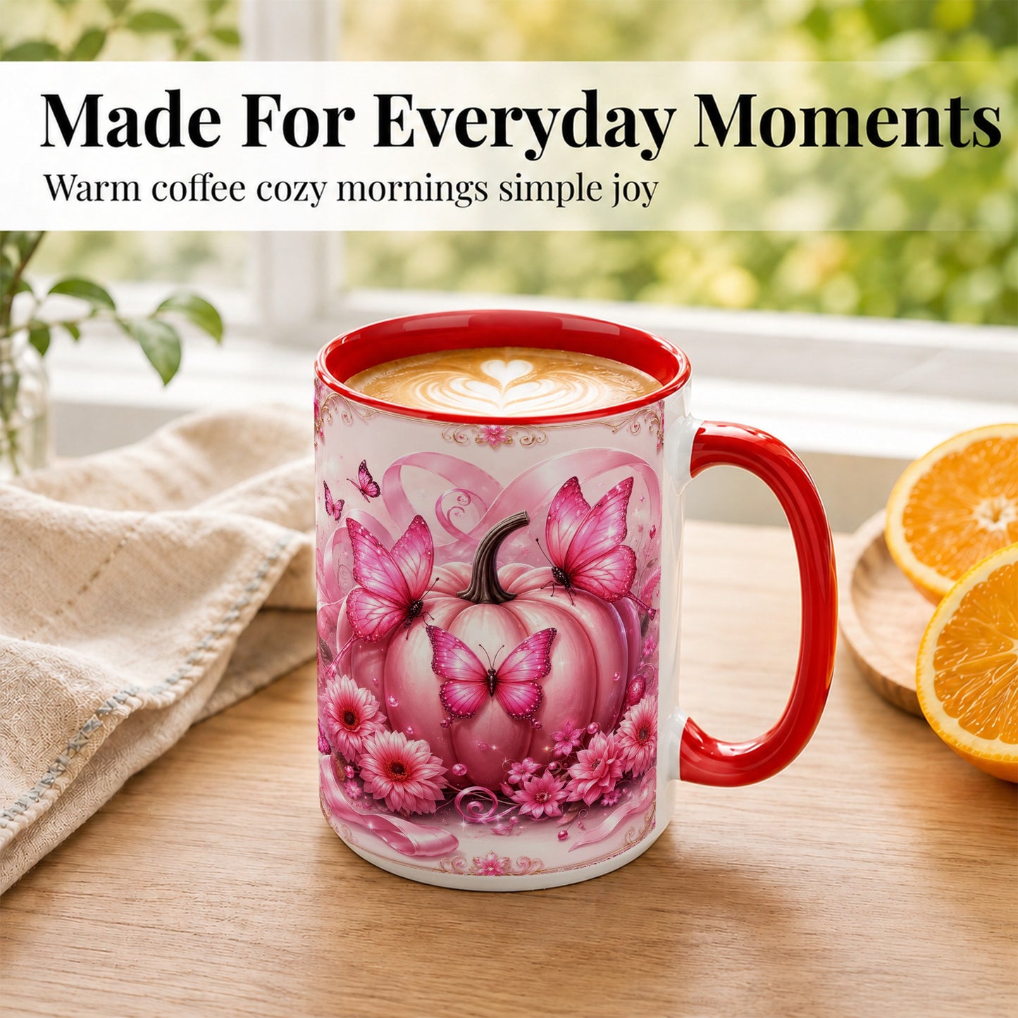 #pl[15oz|Red] Pink Ribbon Pumpkin Coffee Mug, Butterfly Floral Mug, Ceramic Cup