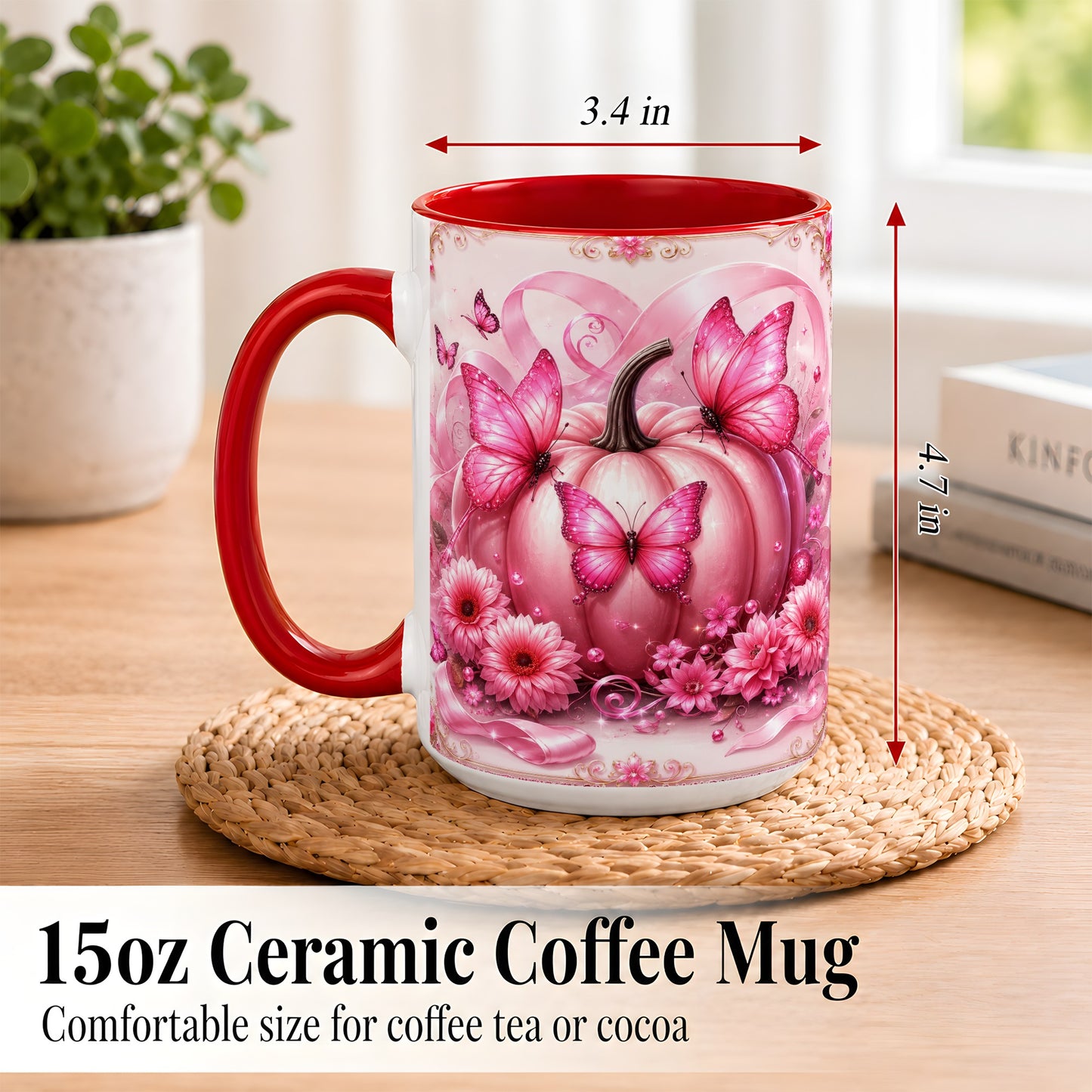 #pl[15oz|Red] Pink Ribbon Pumpkin Coffee Mug, Butterfly Floral Mug, Ceramic Cup