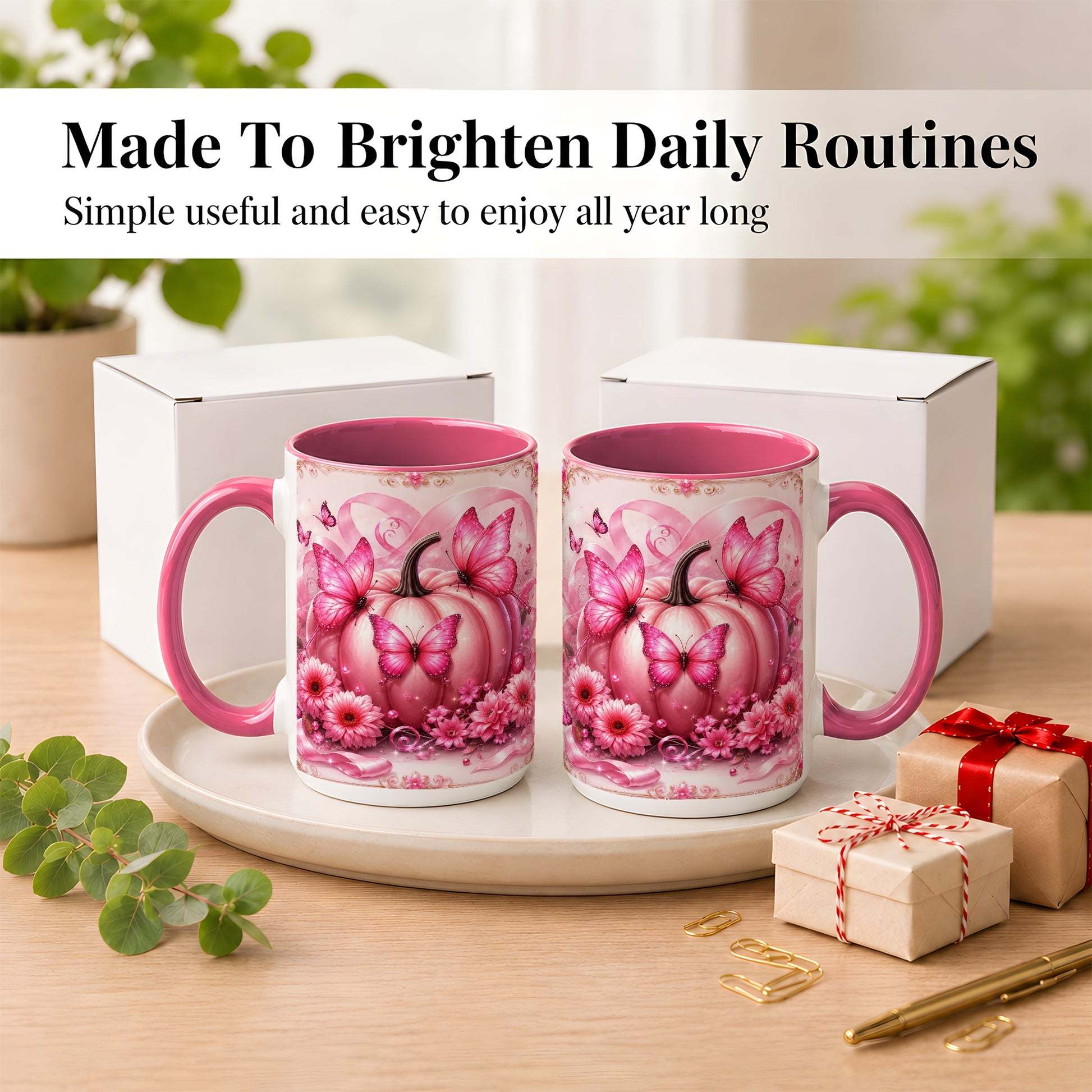 #pl[15oz|Pink] Pink Ribbon Pumpkin Coffee Mug, Butterfly Floral Mug, Ceramic Cup