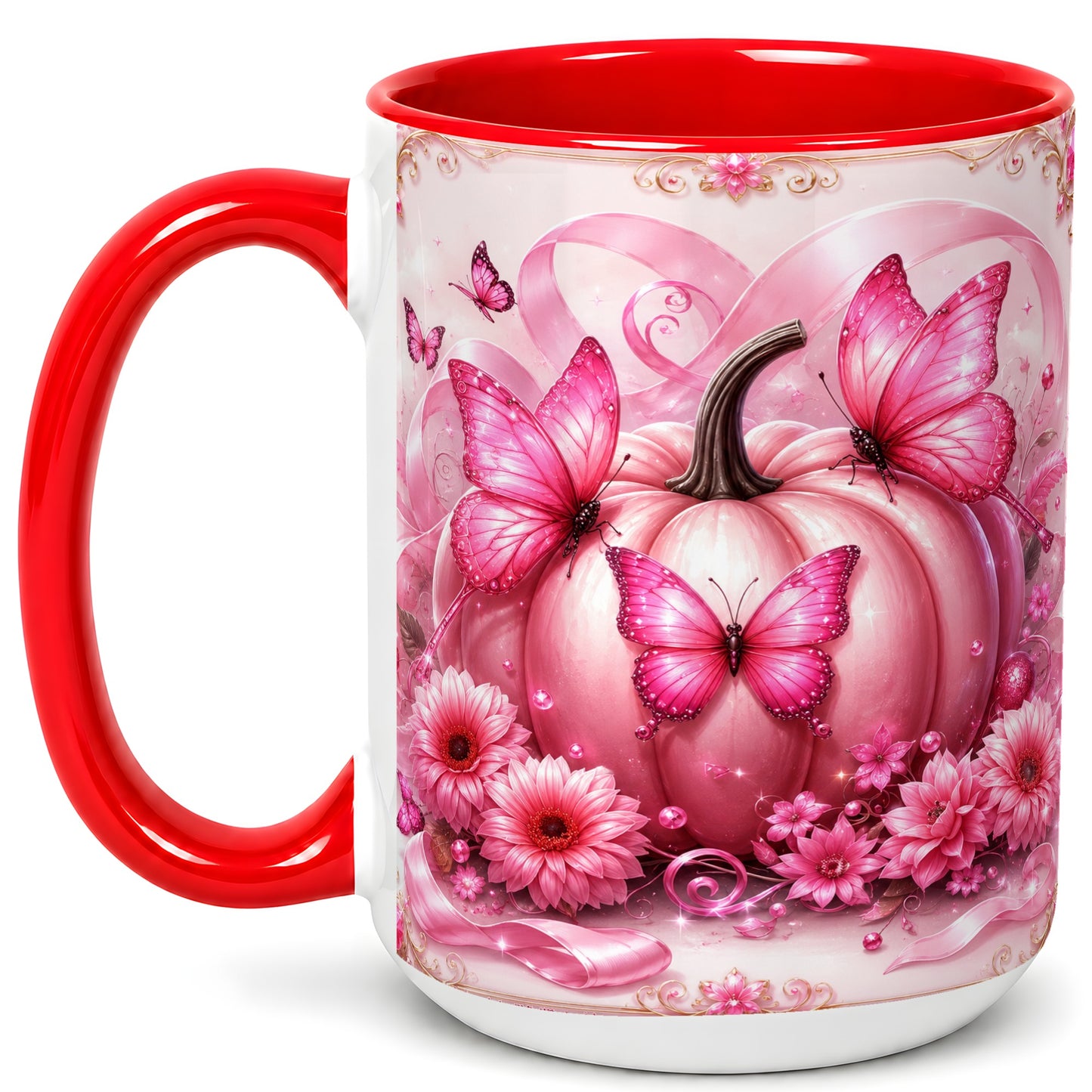 #pl[15oz|Red] Pink Ribbon Pumpkin Coffee Mug, Butterfly Floral Mug, Ceramic Cup