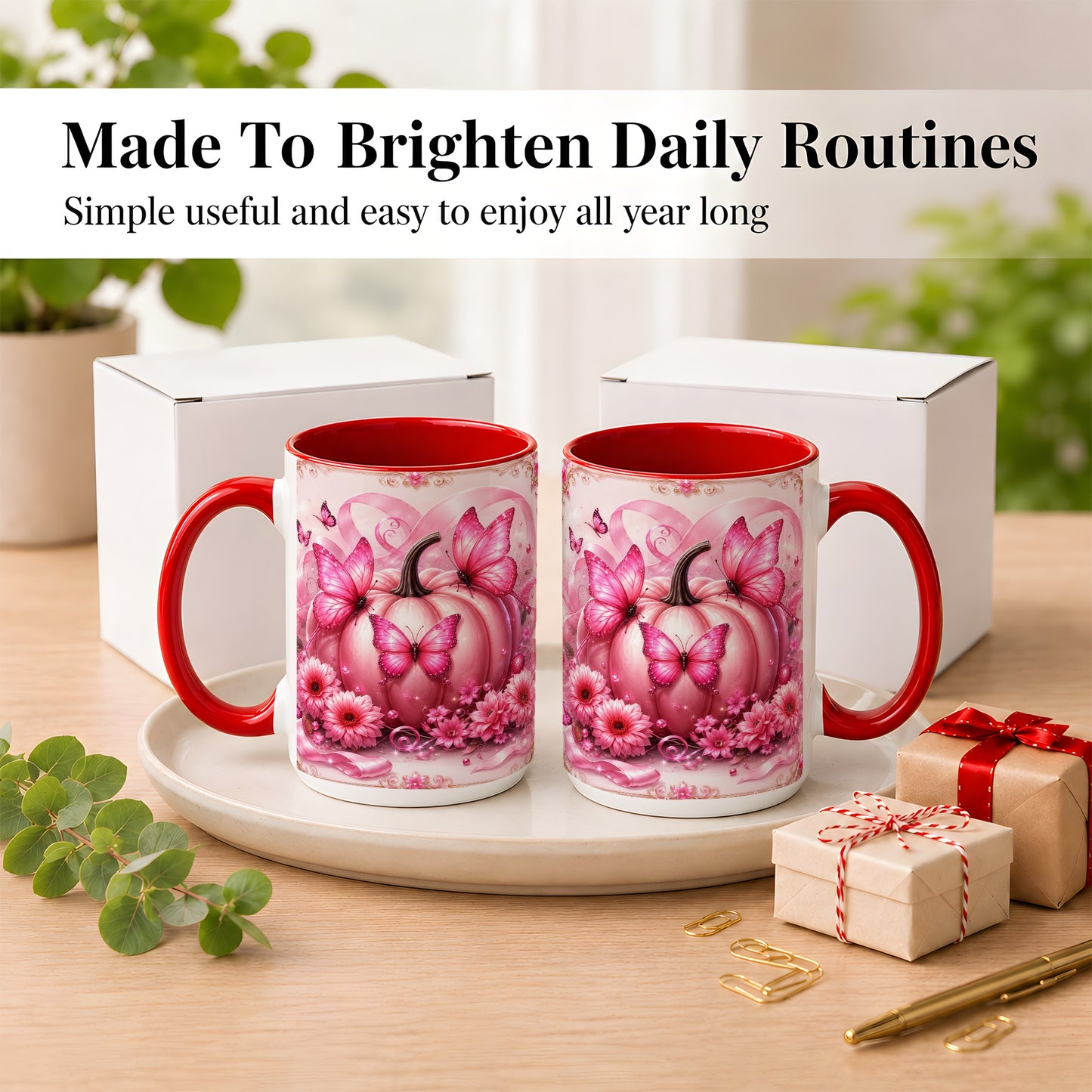 #pl[15oz|Red] Pink Ribbon Pumpkin Coffee Mug, Butterfly Floral Mug, Ceramic Cup