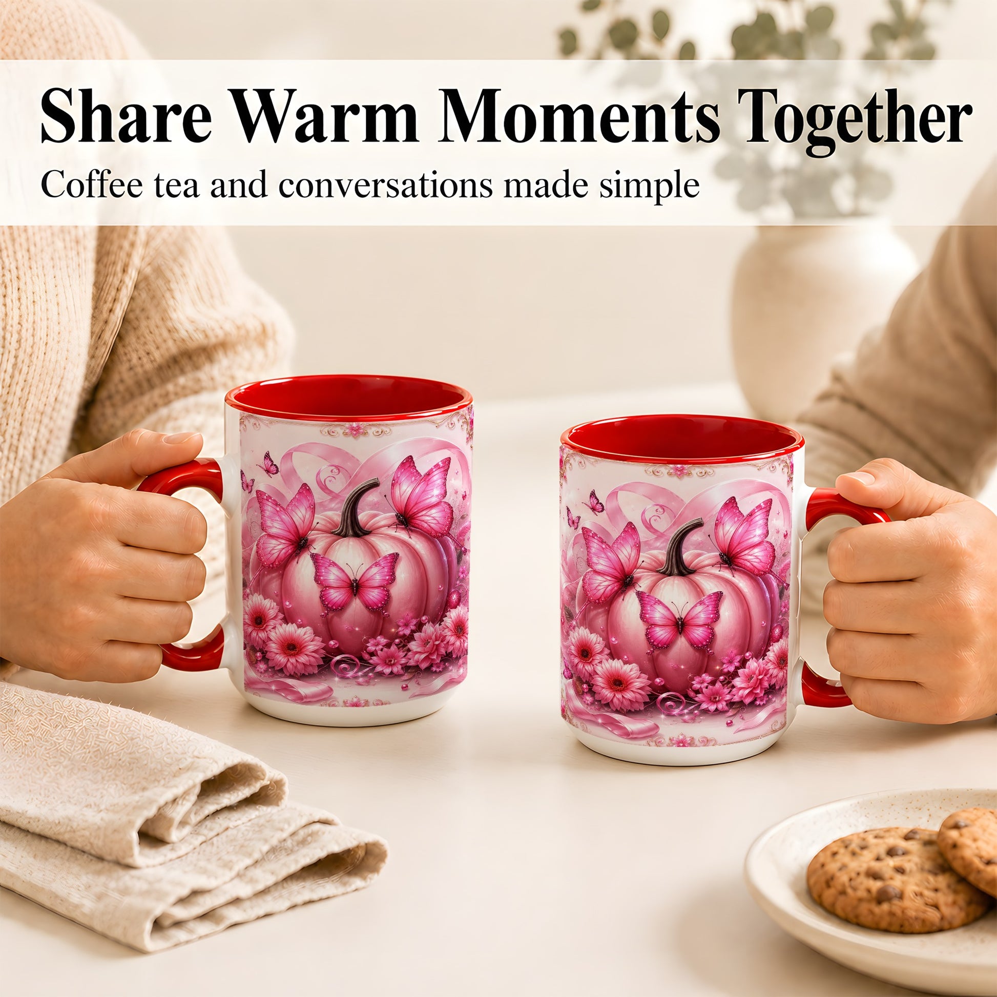 #pl[15oz|Red] Pink Ribbon Pumpkin Coffee Mug, Butterfly Floral Mug, Ceramic Cup