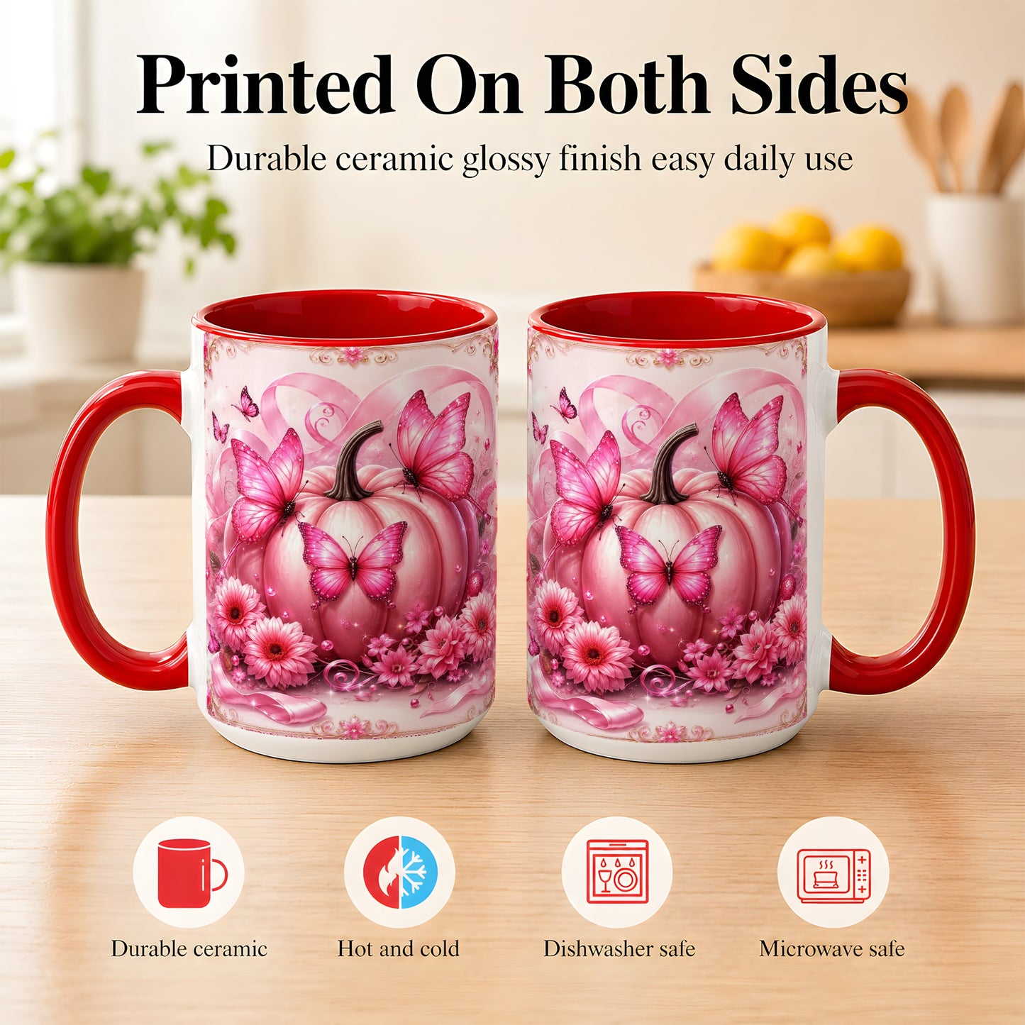 #pl[15oz|Red] Pink Ribbon Pumpkin Coffee Mug, Butterfly Floral Mug, Ceramic Cup