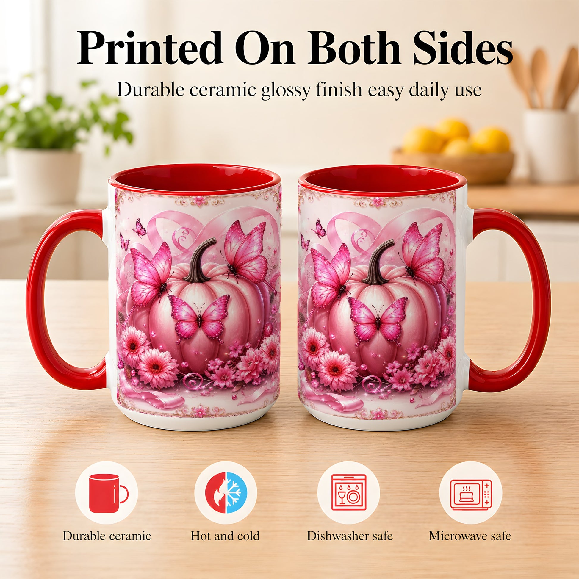 #pl[15oz|Red] Pink Ribbon Pumpkin Coffee Mug, Butterfly Floral Mug, Ceramic Cup