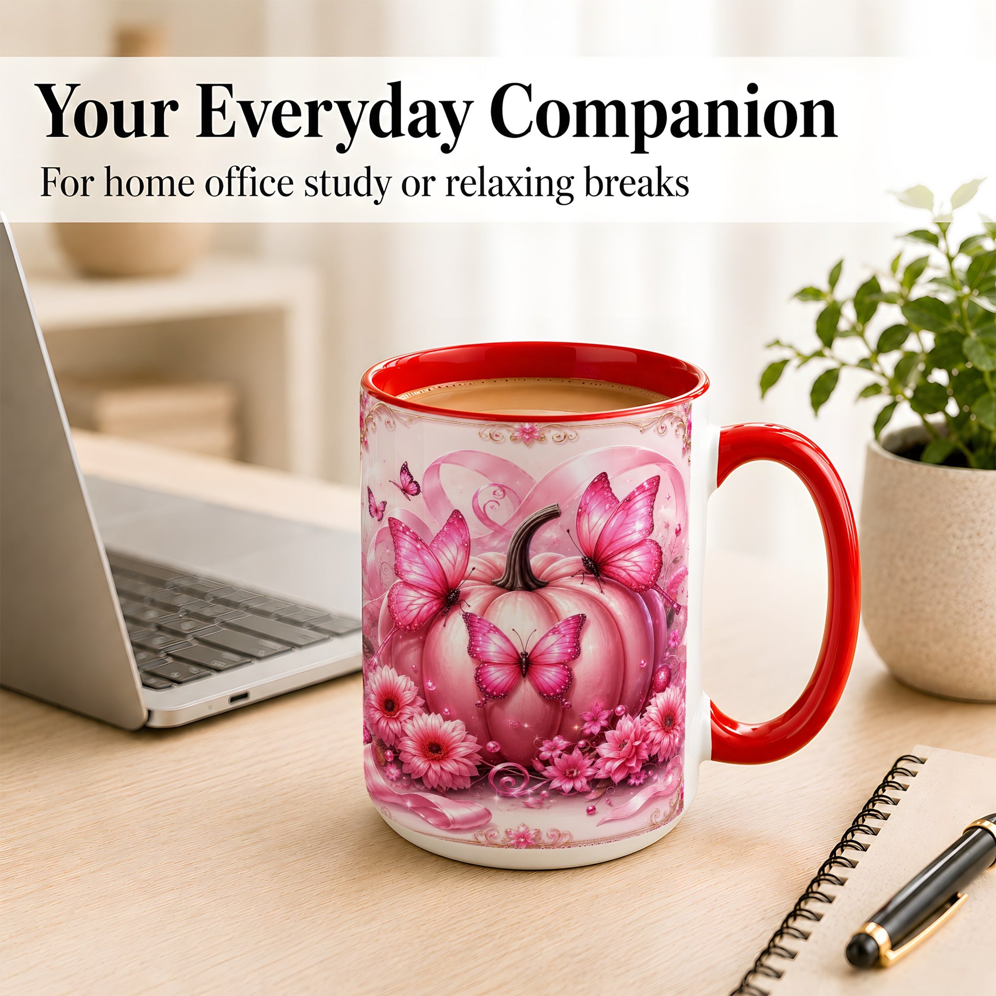 #pl[15oz|Red] Pink Ribbon Pumpkin Coffee Mug, Butterfly Floral Mug, Ceramic Cup