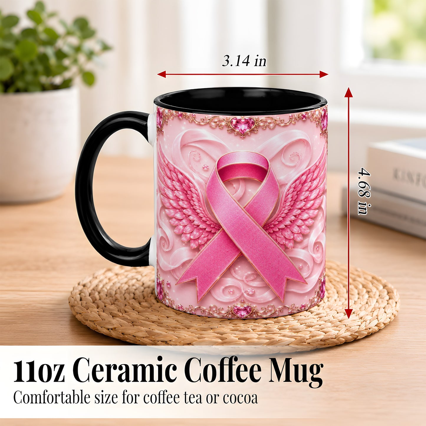 #pl[11oz|Black] Pink Ribbon Wings Coffee Mug, Awareness Mug, Ceramic Cup