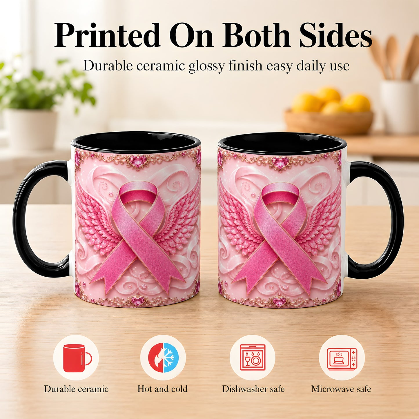 #pl[11oz|Black] Pink Ribbon Wings Coffee Mug, Awareness Mug, Ceramic Cup