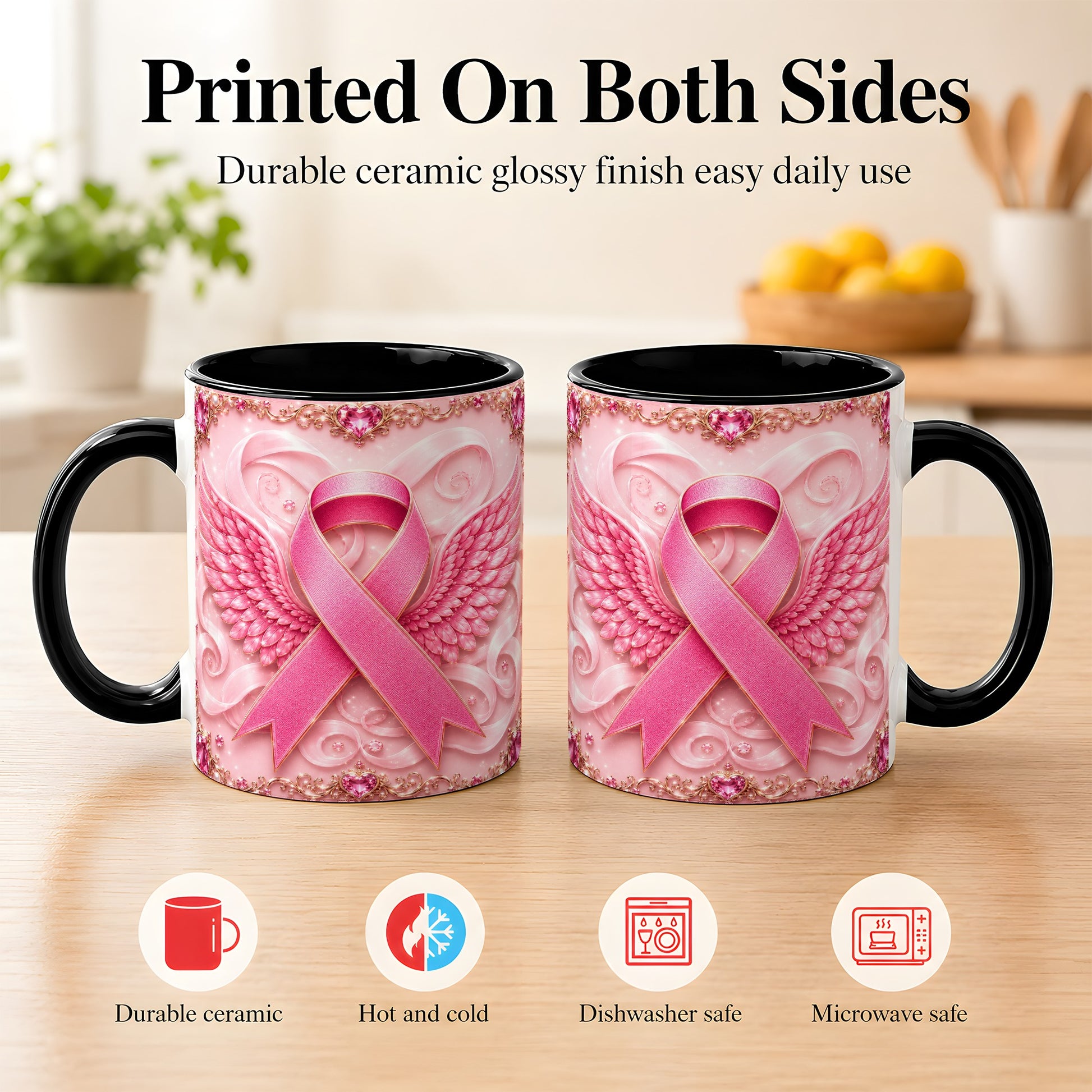#pl[11oz|Black] Pink Ribbon Wings Coffee Mug, Awareness Mug, Ceramic Cup