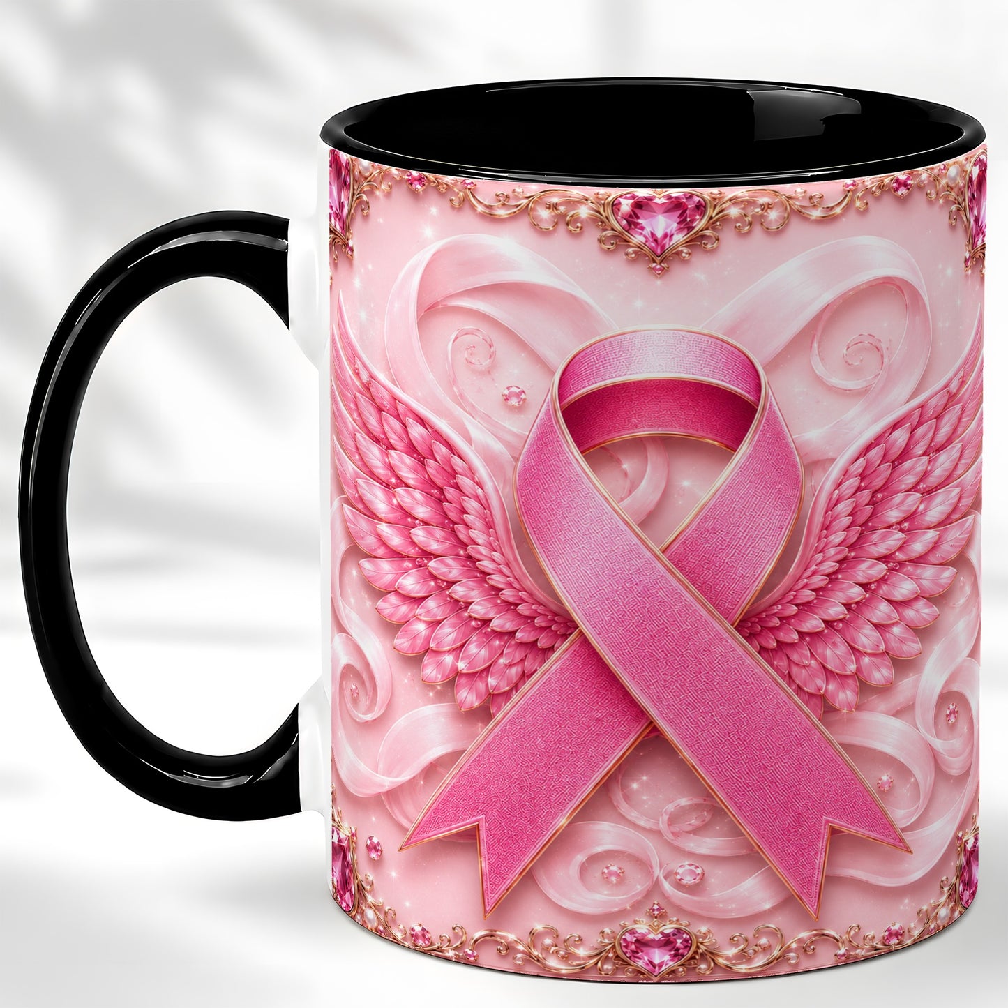 #pl[11oz|Black] Pink Ribbon Wings Coffee Mug, Awareness Mug, Ceramic Cup