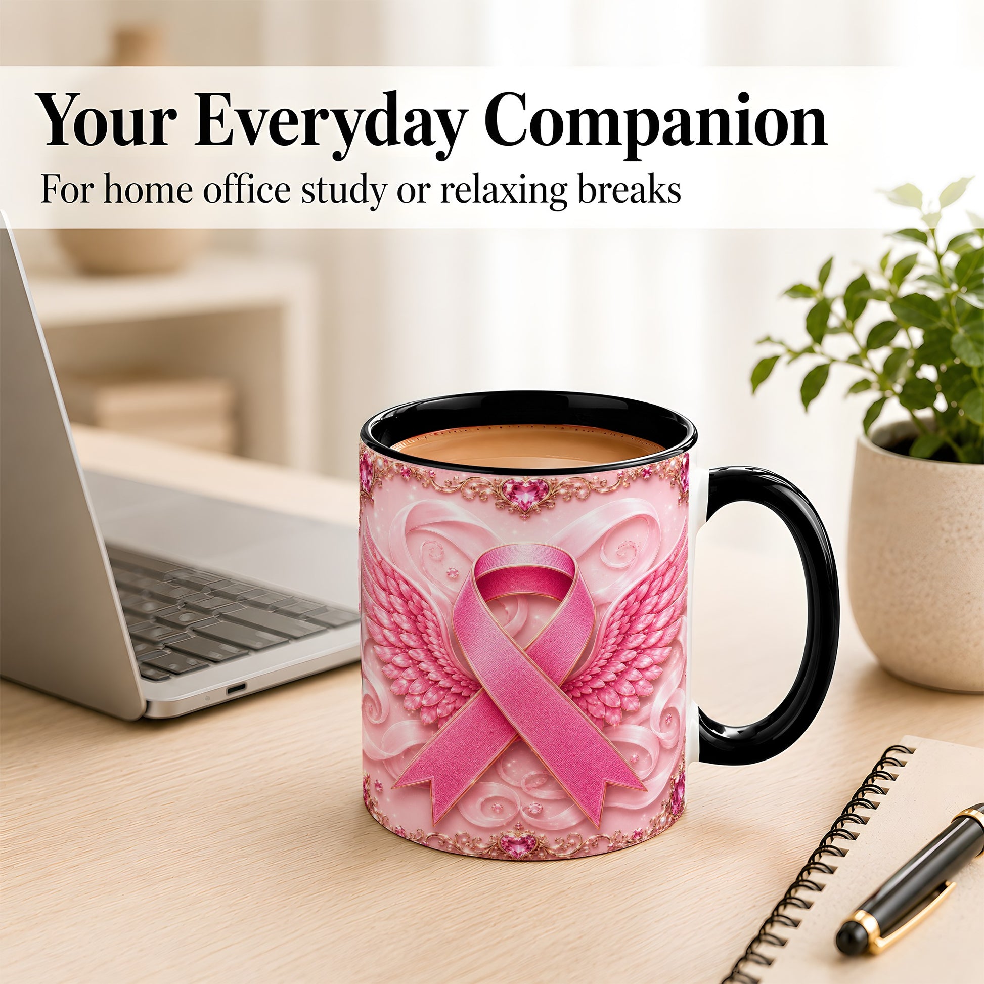 #pl[11oz|Black] Pink Ribbon Wings Coffee Mug, Awareness Mug, Ceramic Cup