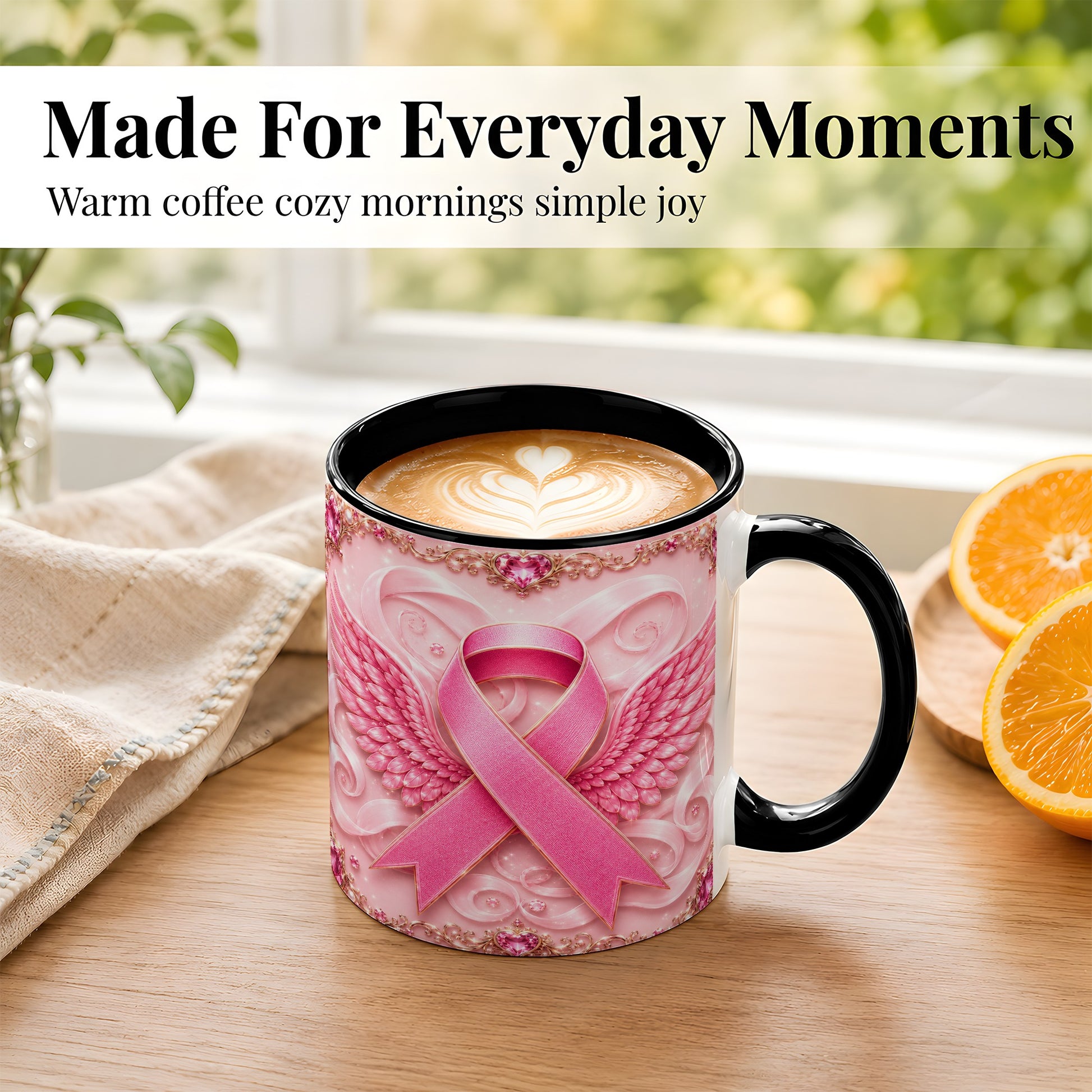 #pl[11oz|Black] Pink Ribbon Wings Coffee Mug, Awareness Mug, Ceramic Cup