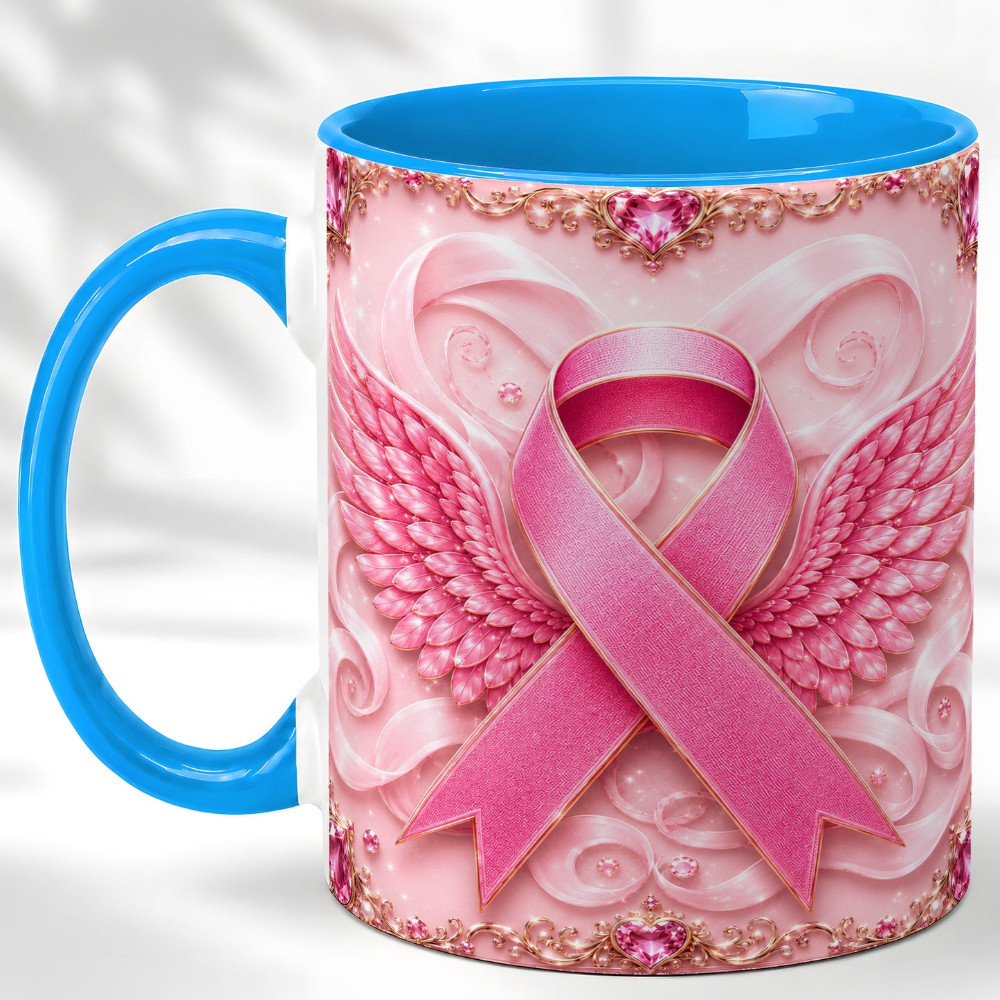 #pl[11oz|Blue] Pink Ribbon Wings Coffee Mug, Awareness Mug, Ceramic Cup